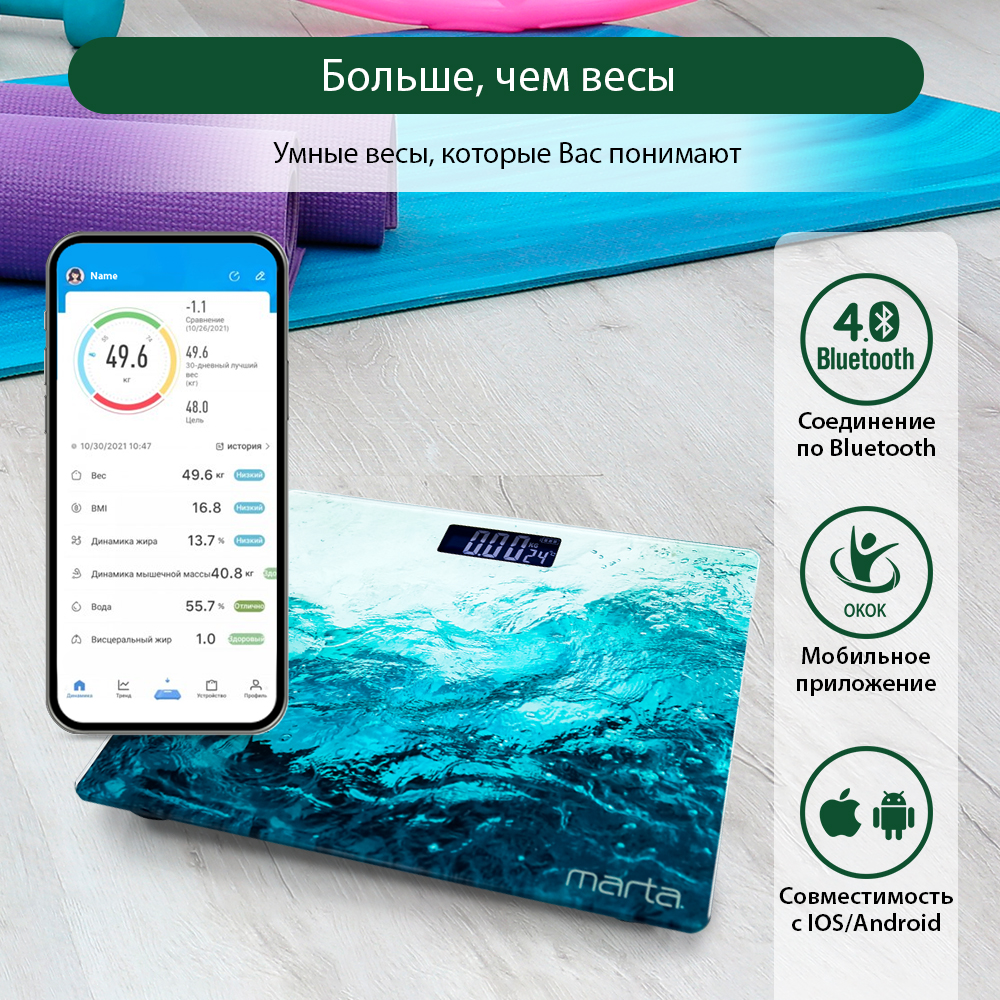 Весы напольные MARTA MT-SC1696 LCD диагностические умные с Bluetooth море - фото 2