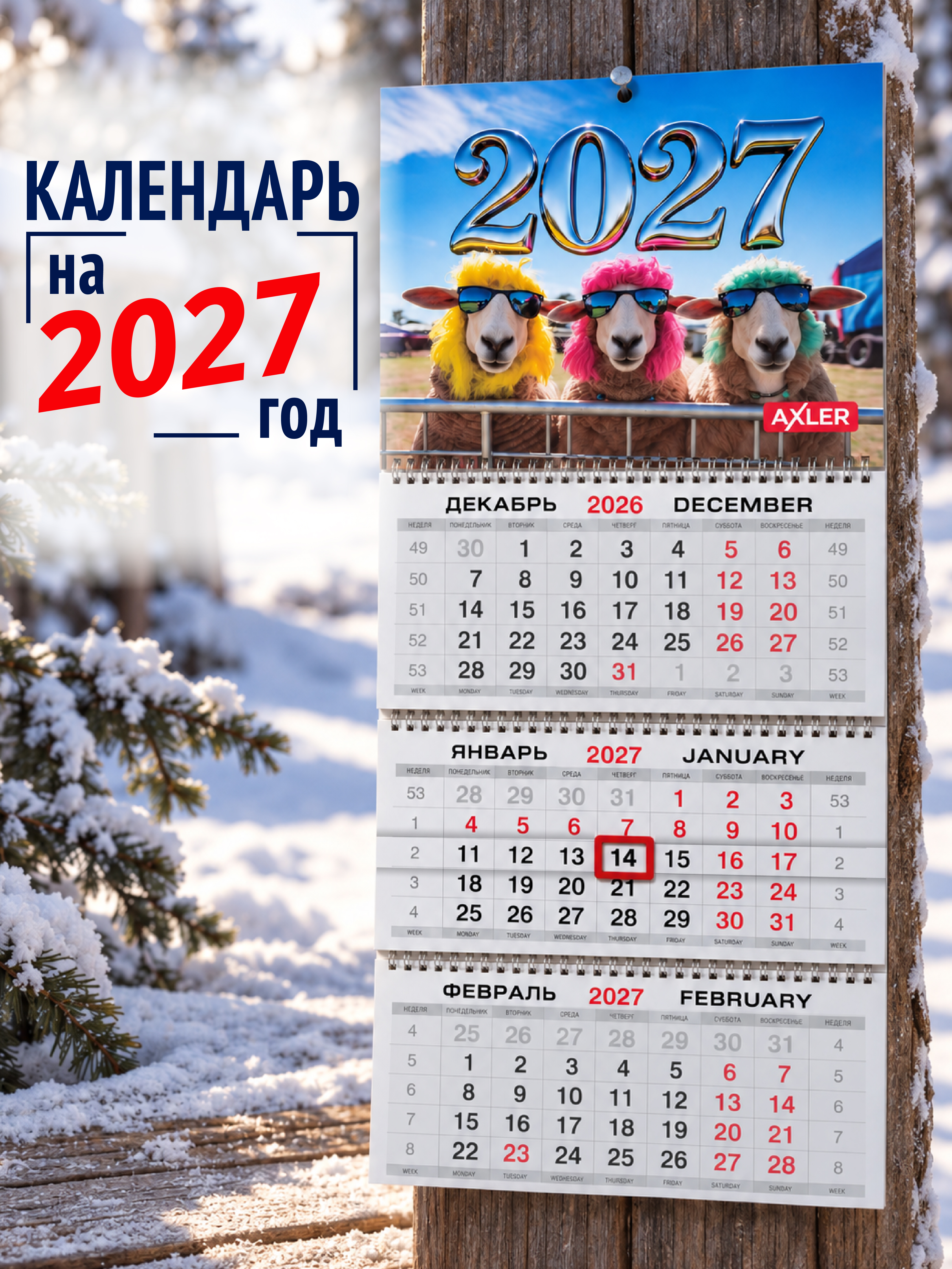 Календарь 2027 AXLER квартальный настенный трехблочный - фото 1