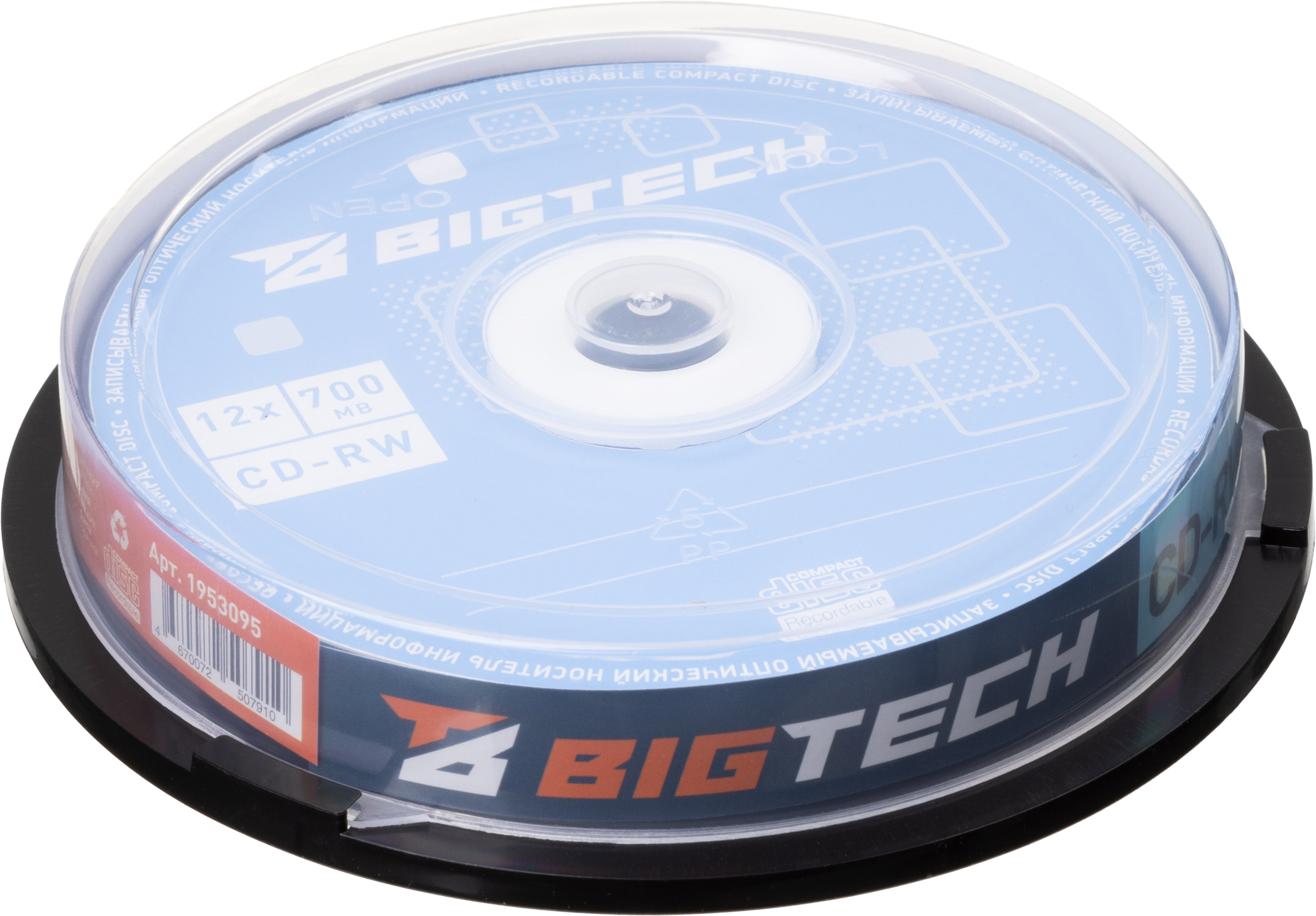 Носители информации Bigtech YCDRWB002 CD-RW/700 МБ/12x/10шт/уп cake box - фото 1
