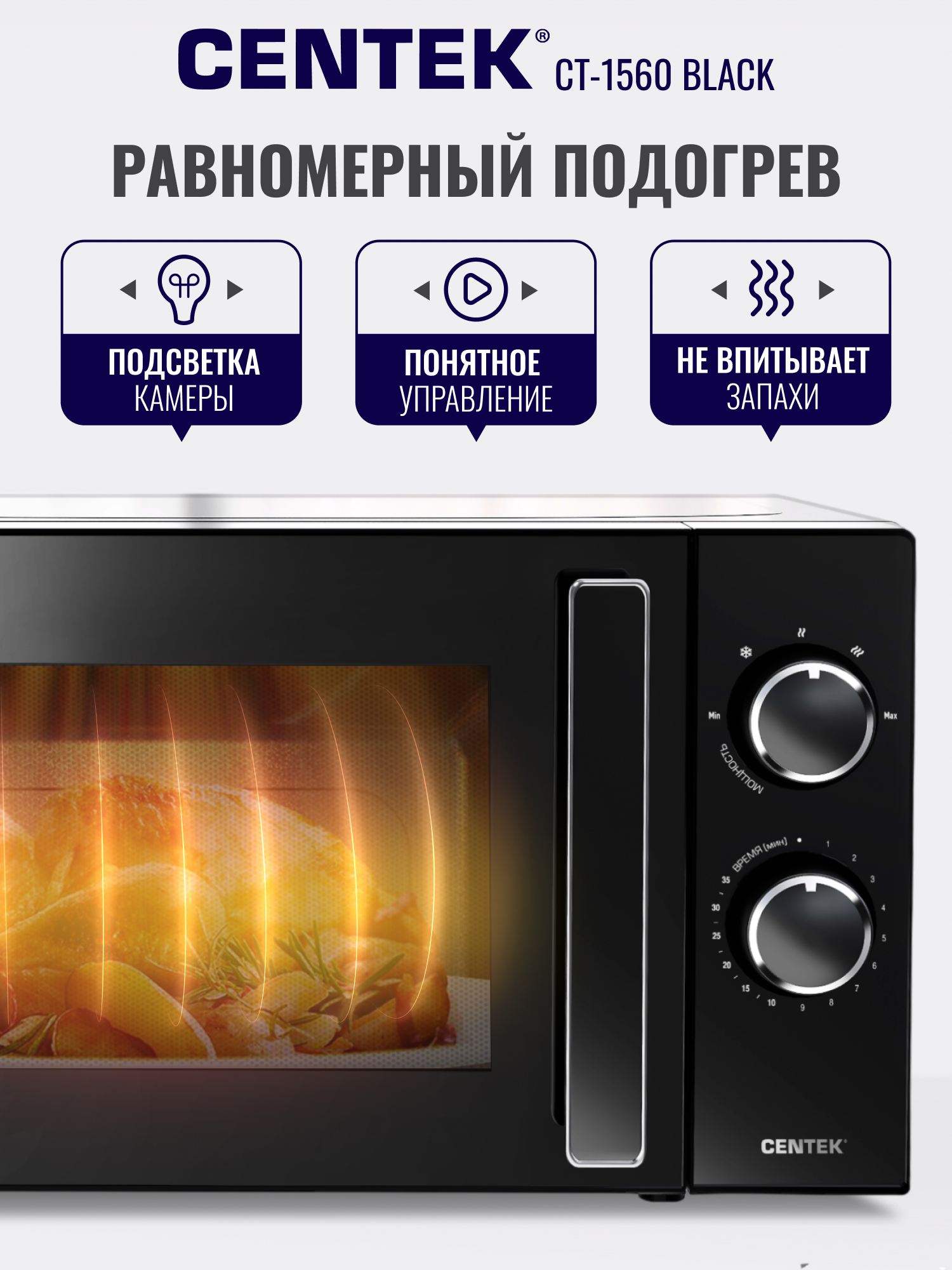 Микроволновая печь CENTEK CT-1560 Черная 700Вт 20л 5 режимов подсветка открывание дверцы ручкой - фото 4