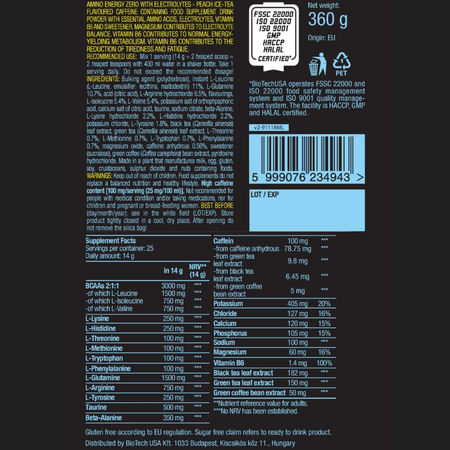 Комплекс аминокислот BiotechUSA Amino Energy Zero with Electrolytes 360 г. Персик и ледяной чай