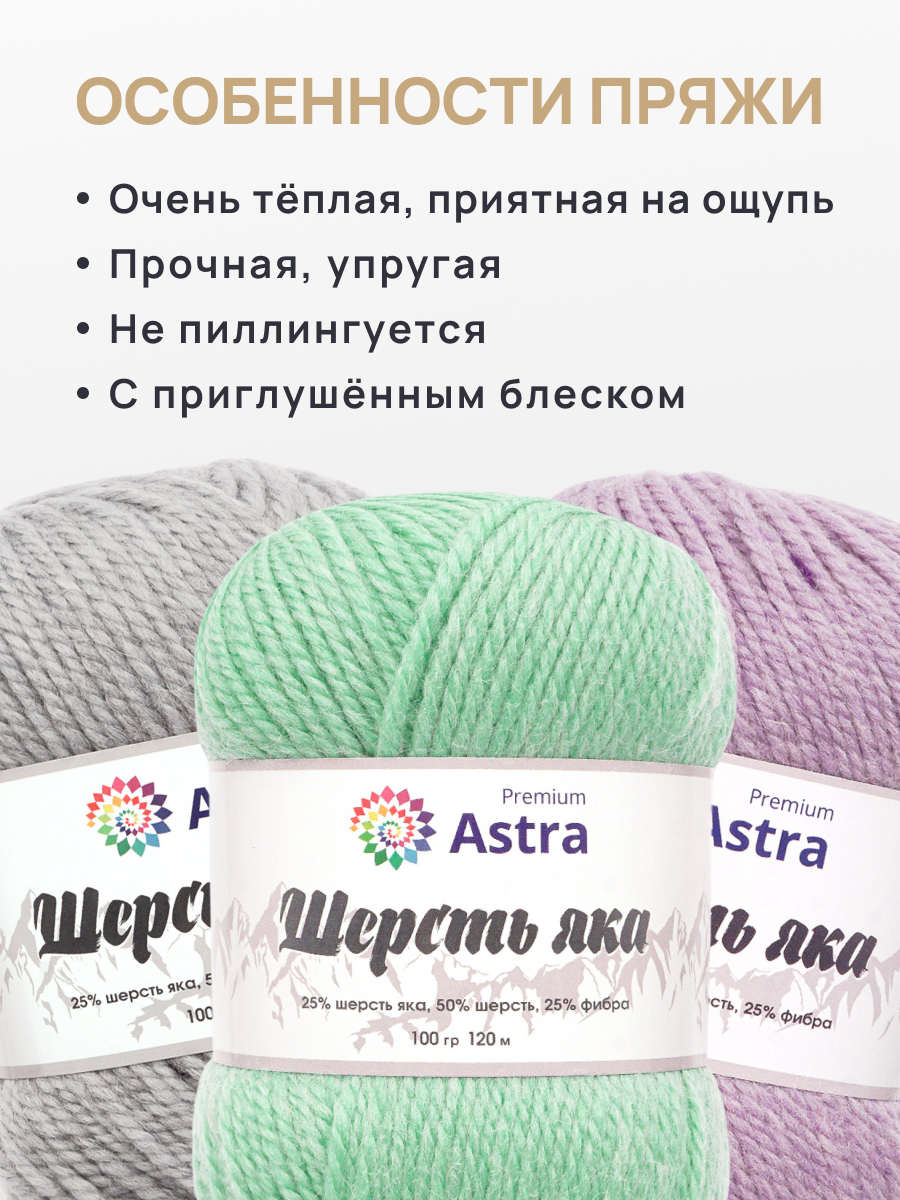 Пряжа Astra Premium Шерсть яка Yak wool теплая мягкая 100 г 120 м 02 мятный 2 мотка - фото 3