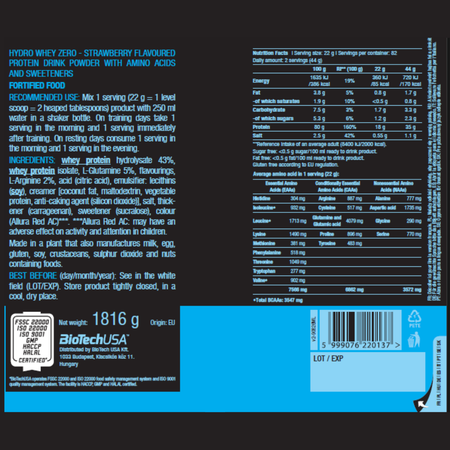 Изолят сывороточного протеина BiotechUSA Hydro Whey Zero 1816 г. Клубника