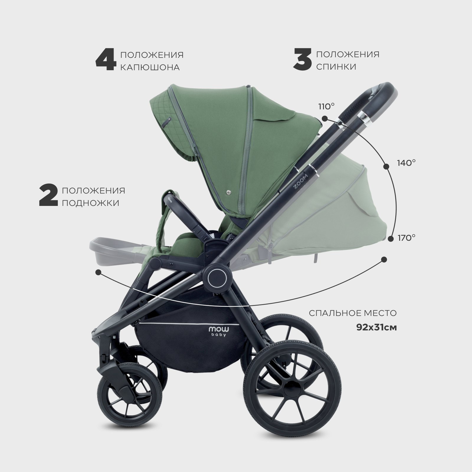 Коляска 2в1 MOWbaby Zoom 2в1, olive хаки - фото 16