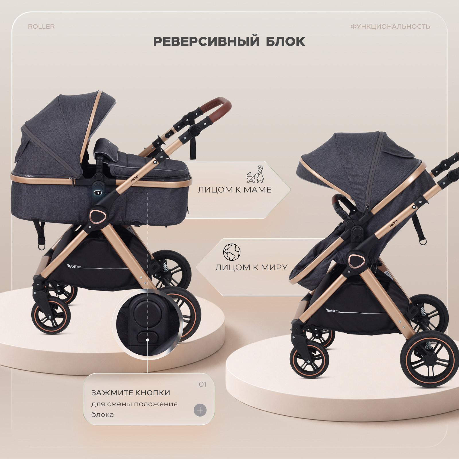 Коляска трансформер Rant Basic Roller Gold 2в1, grey серый - фото 10