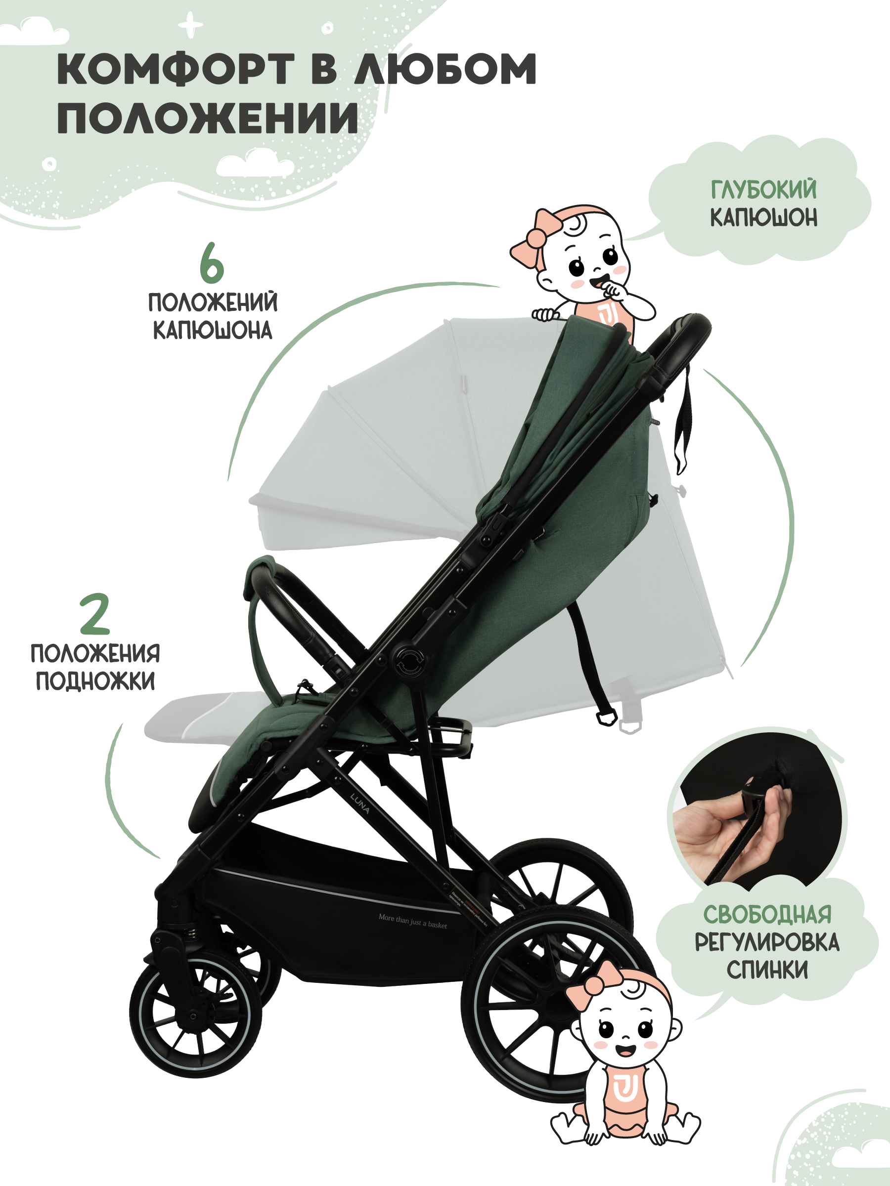 Коляска прогулочная JOVOLA LUNA зеленый-серый - фото 7