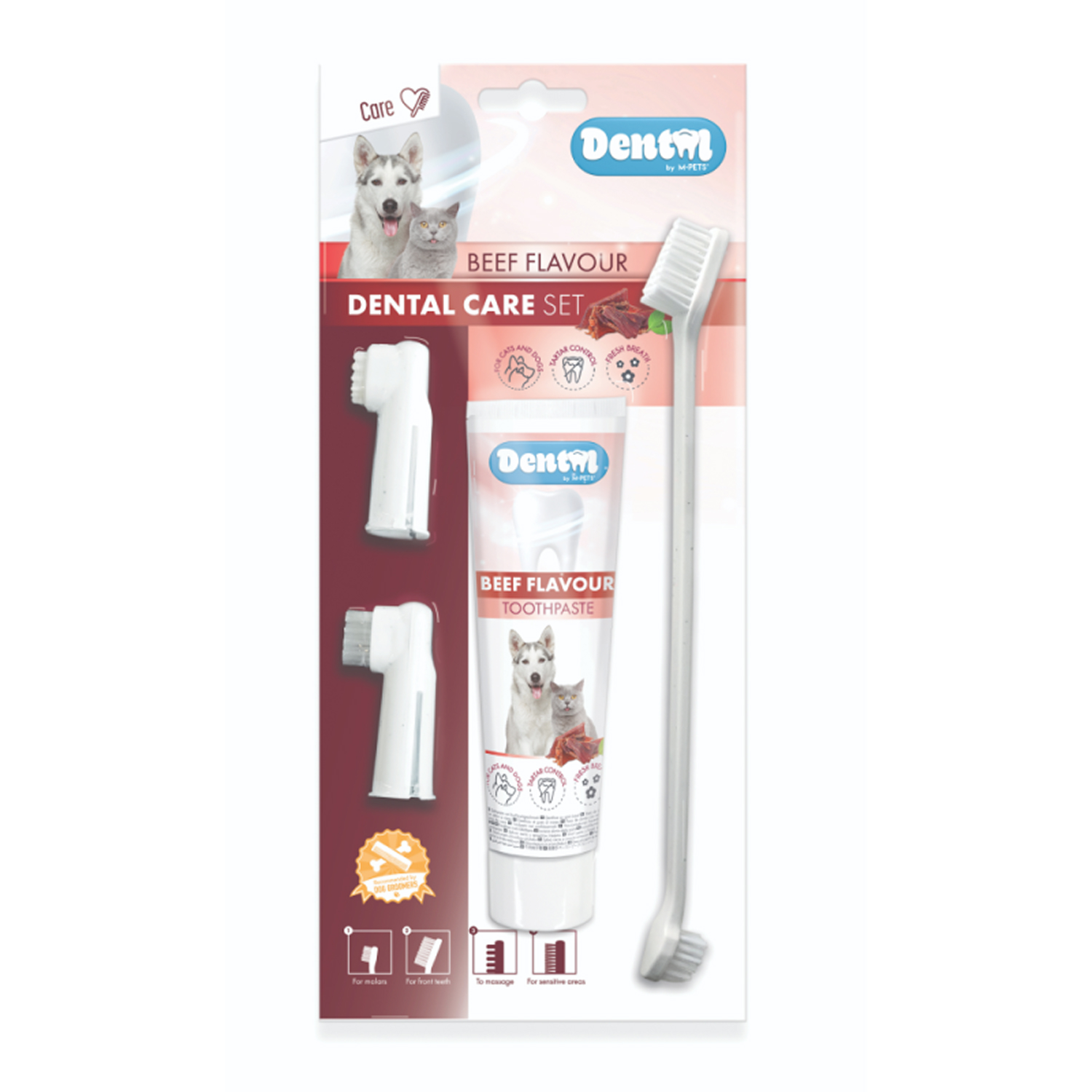 Набор для ухода за зубами собак и кошек M-PETS с говядиной паста 100мл щётка напальчники - фото 1