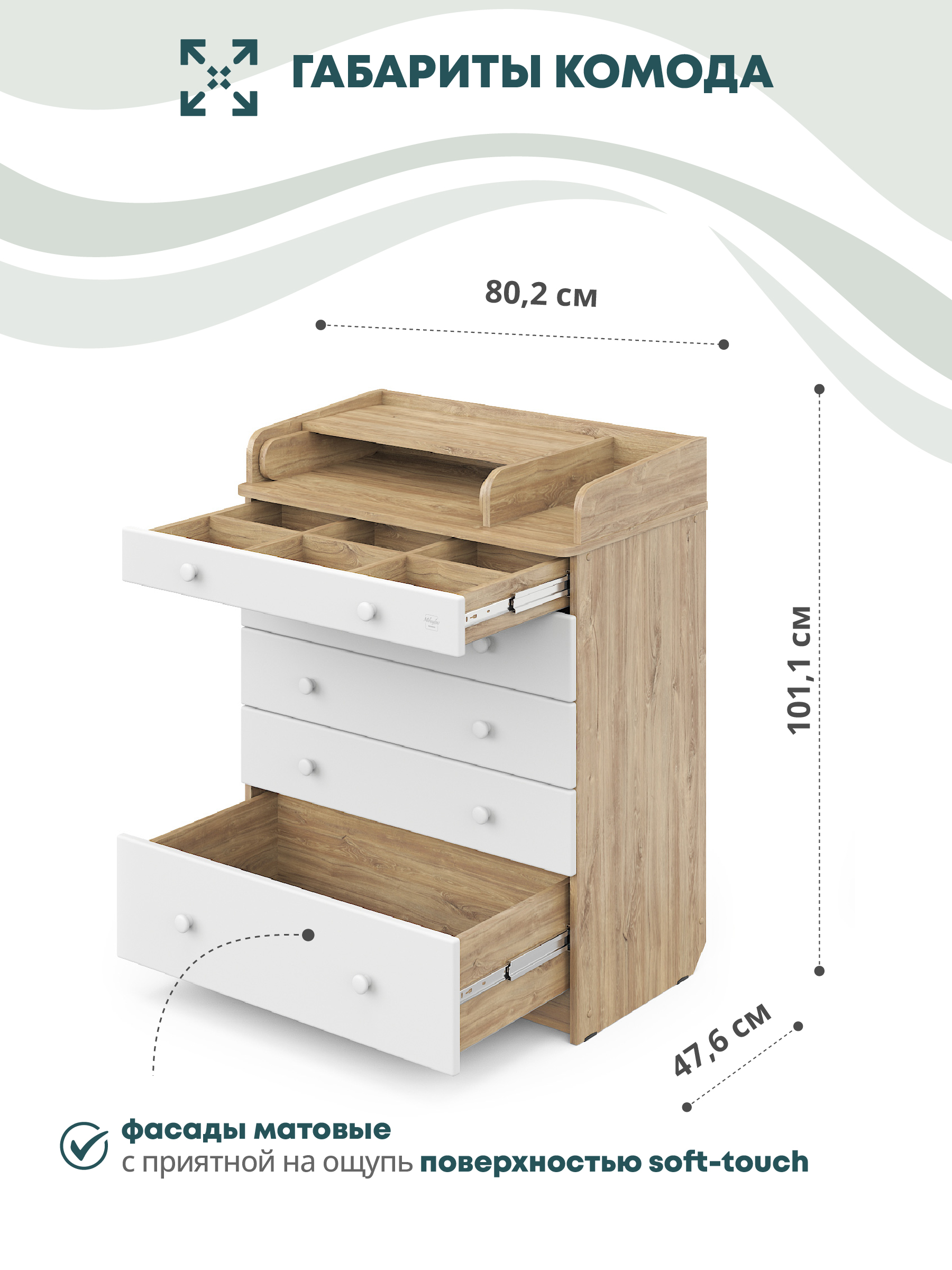 Комод пеленальный Aton MAKS 800/5 дуб канзас-белый (белый) - фото 2