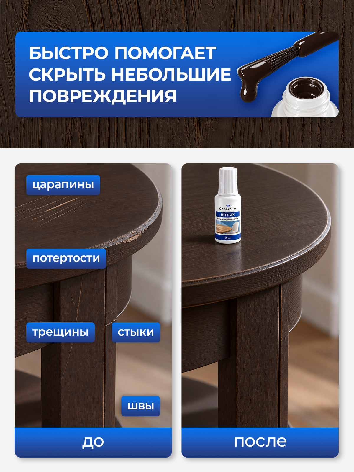 Штрих краска Generalim для реставрации мебели и ламината Венге темный 20 мл - фото 2