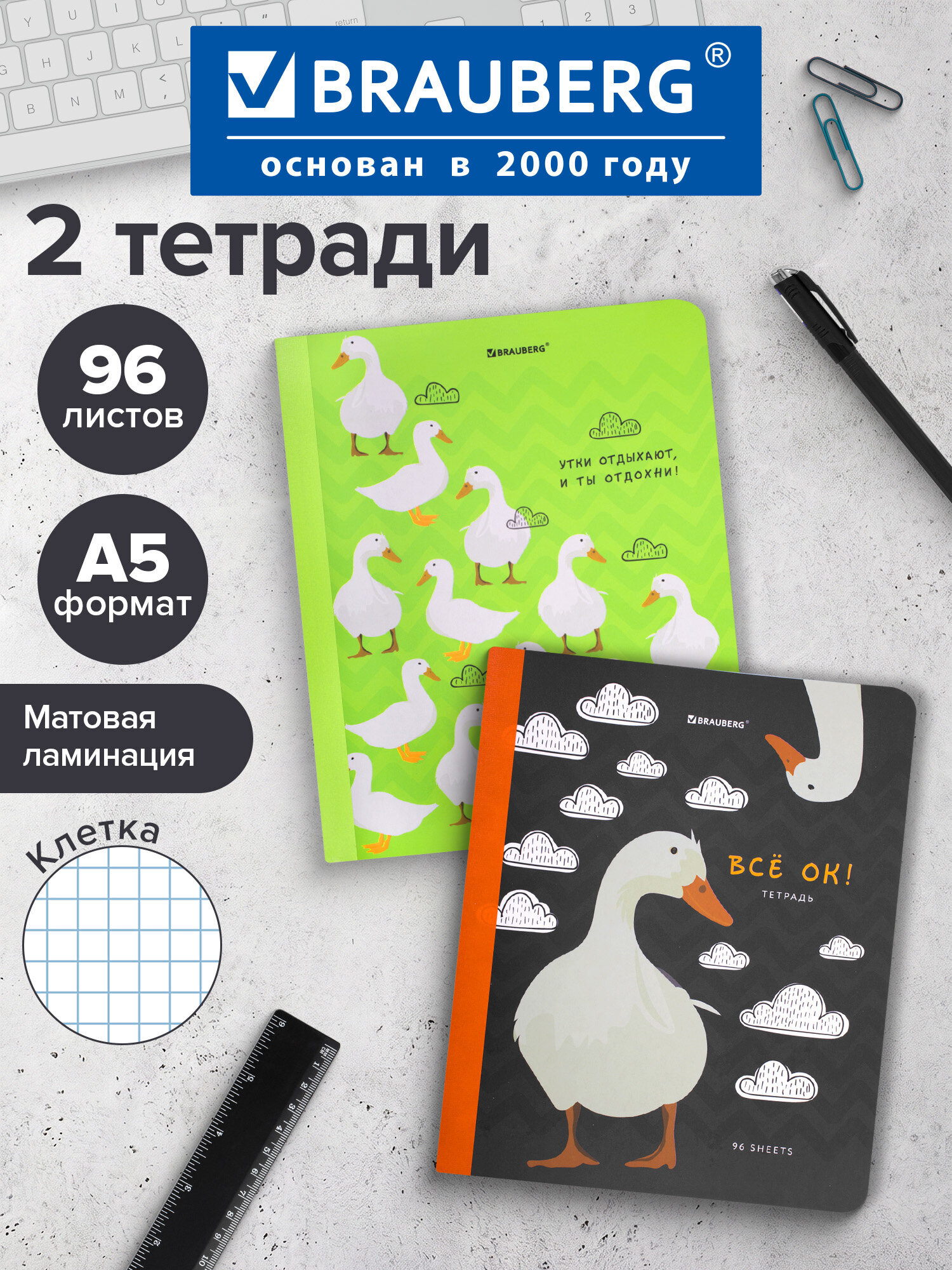 Тетрадь Brauberg клетка 96 лист. 2 шт. - фото 1