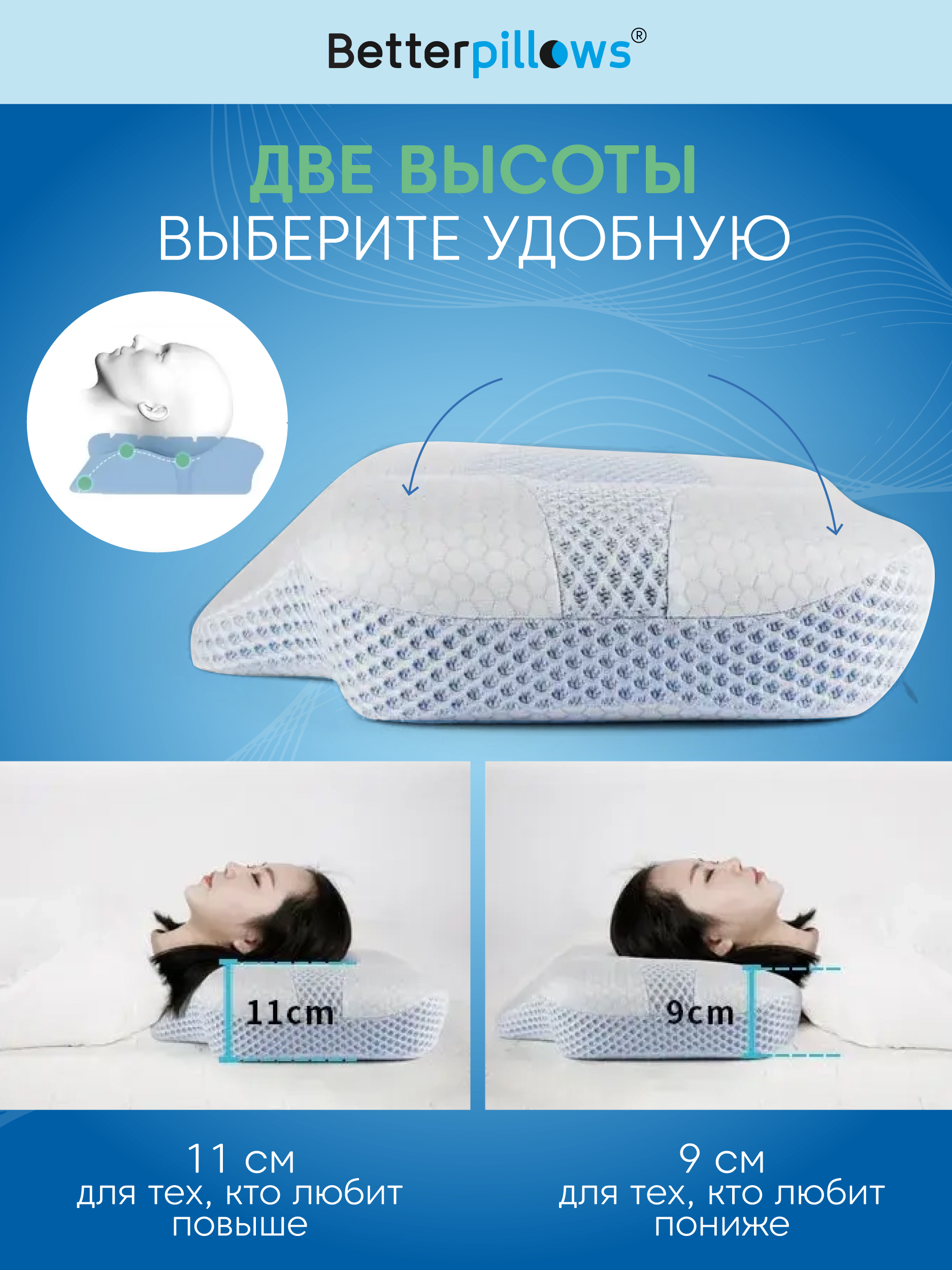 Подушка ортопедическая для сна Betterpillows с эффектом памяти для детей и взрослых - фото 5