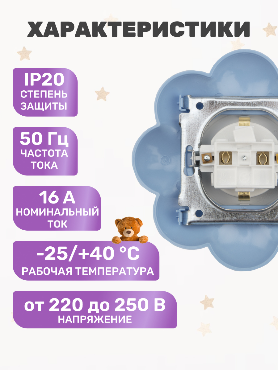 Розетка Kranz Happy «Цветок» с защитными шторками и заземлением бело-голубая - фото 3