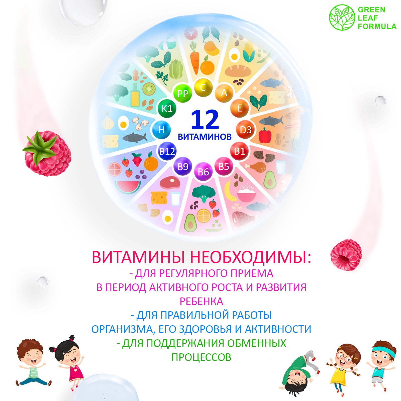 Комплекс витаминов для детей от 3 лет Green Leaf Formula со вкусом малины для иммунитета - фото 6