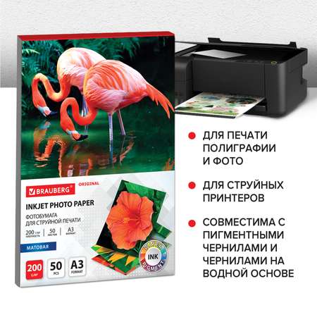 Фотобумага Brauberg матовая для печати фото большого формата 50 листов А3