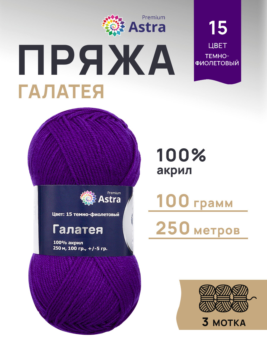 Пряжа Astra Premium Галатея акриловая 100 г 250 м 15 темно-фиолетовый 3 мотка - фото 1