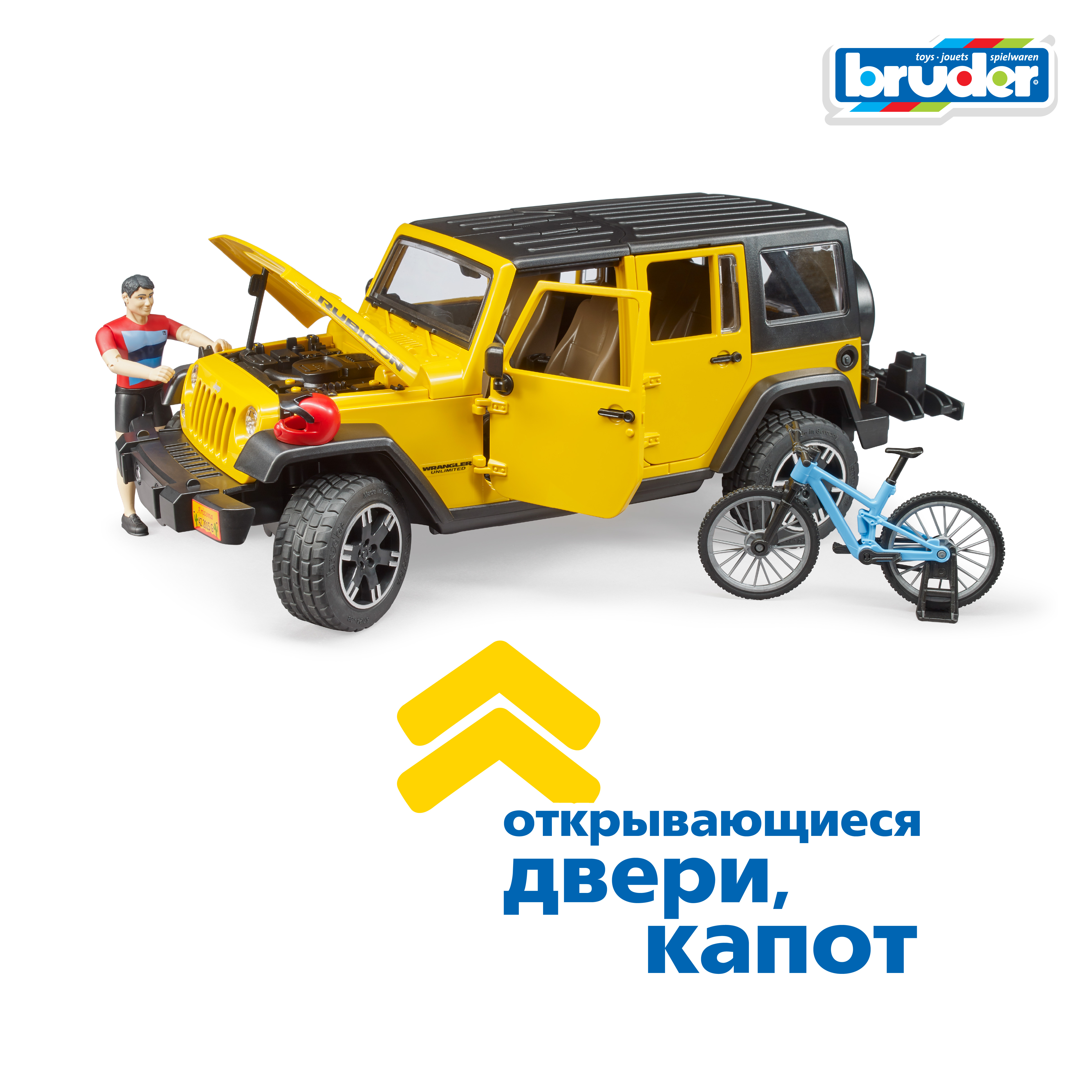Внедорожник Bruder Jeep c велосипедом и фигуркой 1:16 желтый 02-543 - фото 3