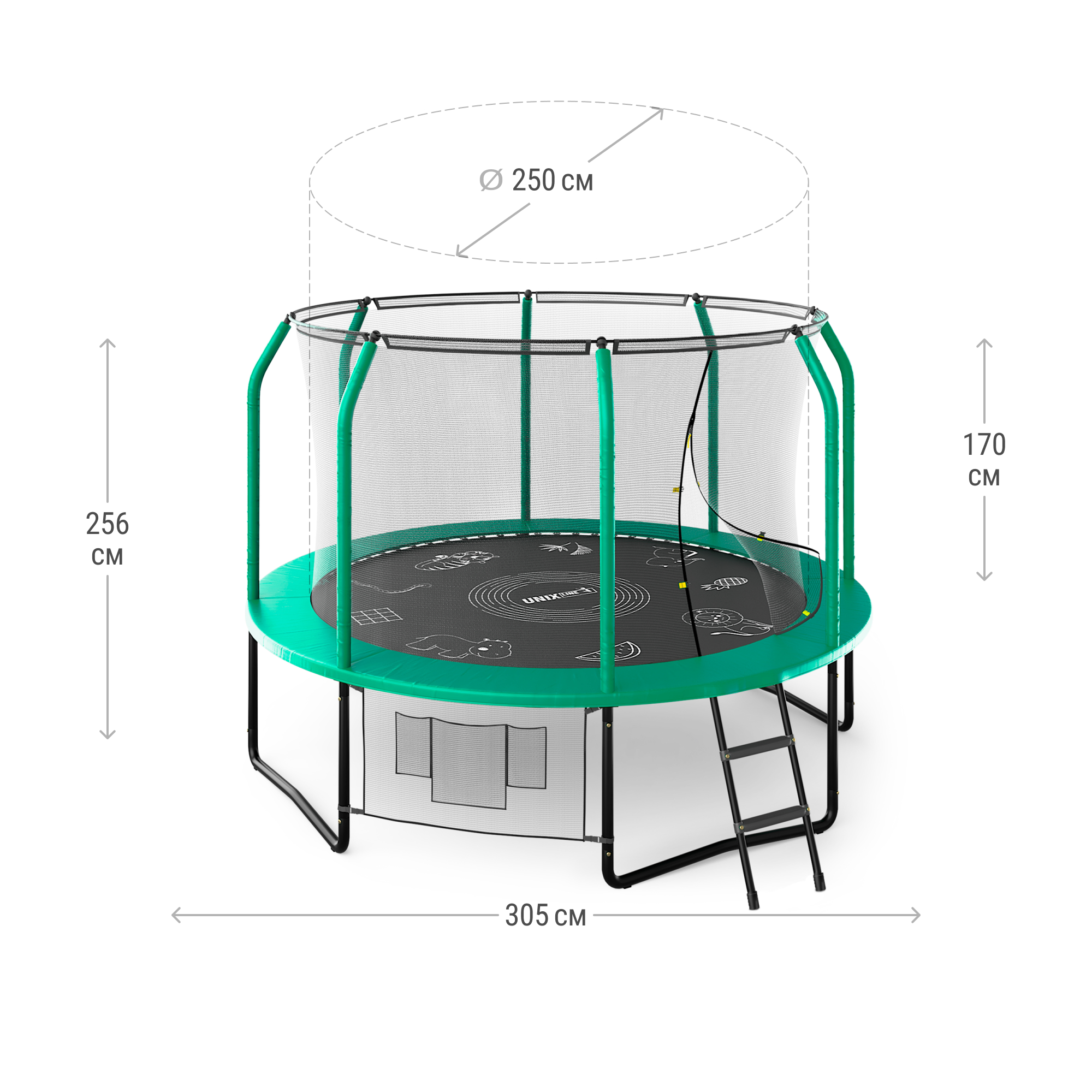 Батут каркасный Supreme 10 ft UNIX line game Green общий диаметр 305 см до 150 кг - фото 2