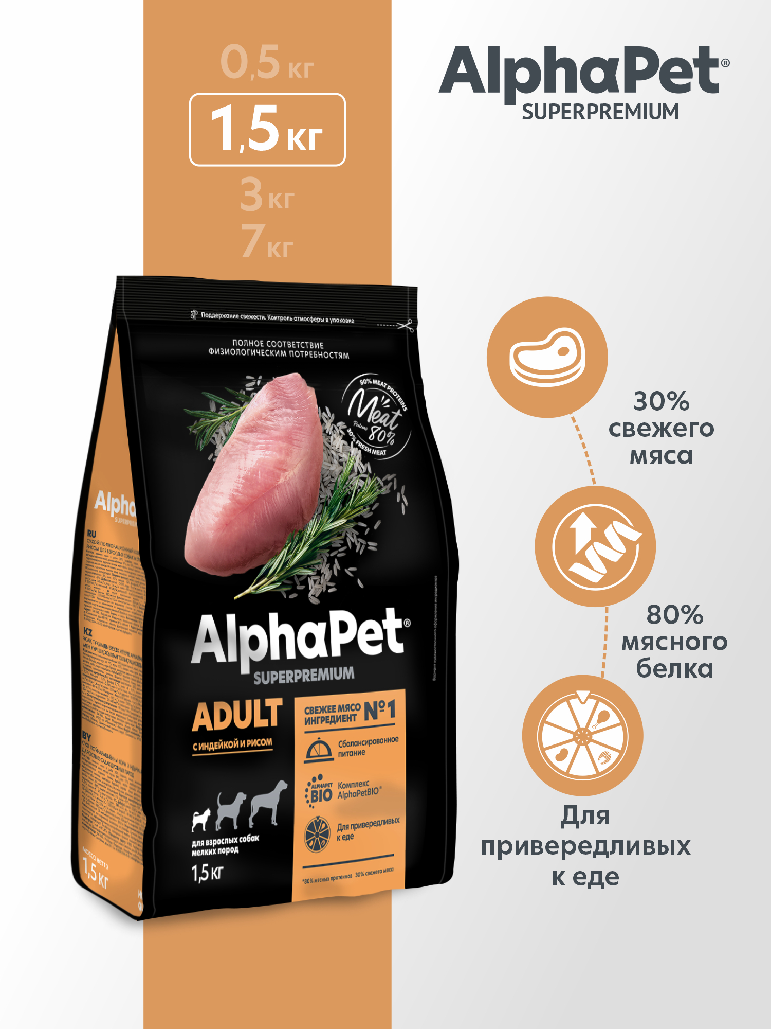 Сухой полнорационный корм AlphaPet с индейкой и рисом для взрослых собак мелких пород AlphaPet Superpremium 1,5 кг - фото 1