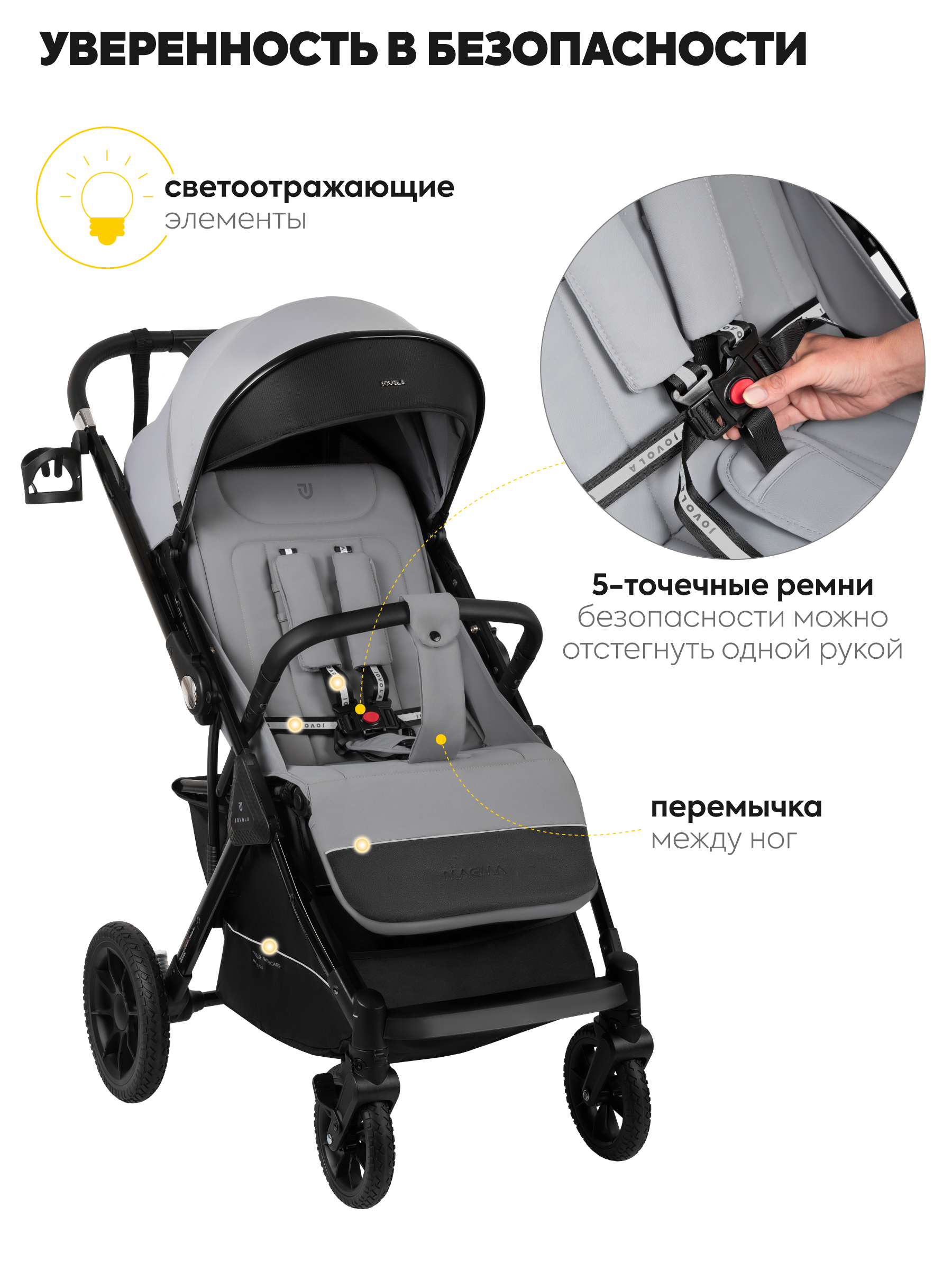 Коляска прогулочная JOVOLA Magma с перекидной ручкой серый - фото 4