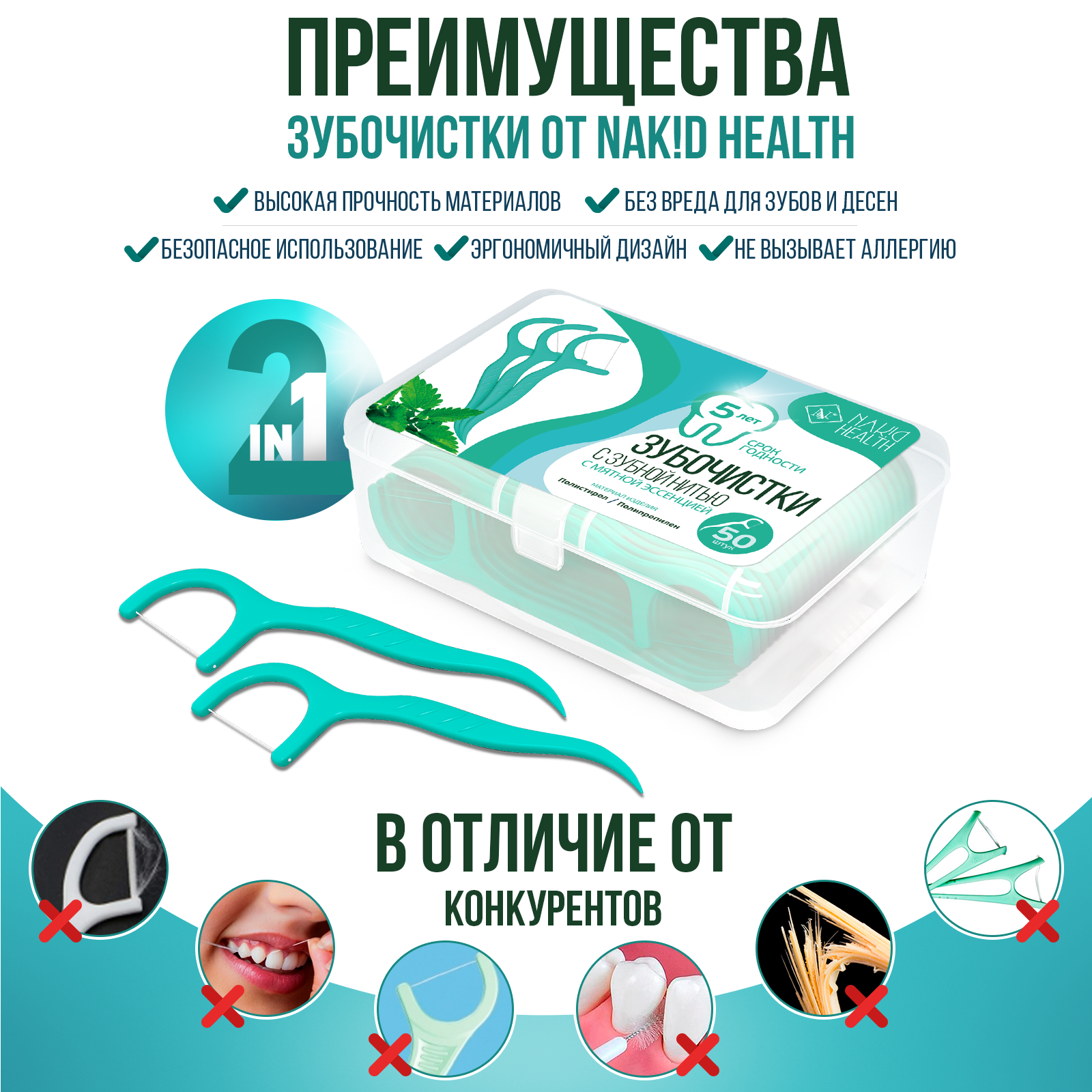 Зубная нить Nak!d 50 шт. - фото 2