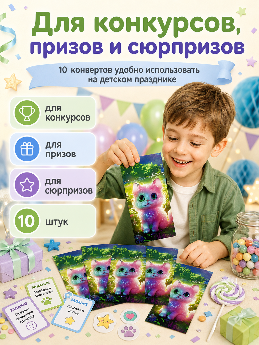 Конверты для денег детские Филькина Грамота с разноцветным котёнком 10 шт. - фото 9
