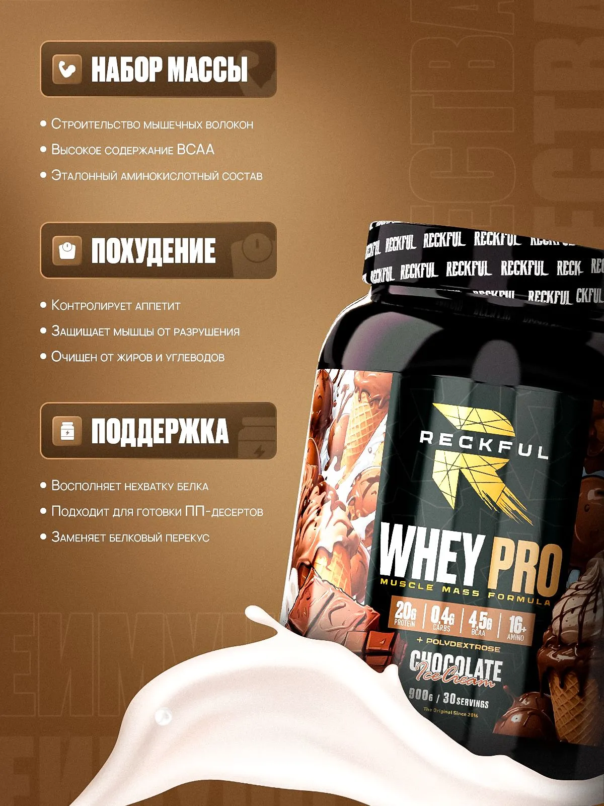 Сывороточный протеин без сахара Reckful Whey Pro Protein со вкусом Шоколадное мороженое - фото 1