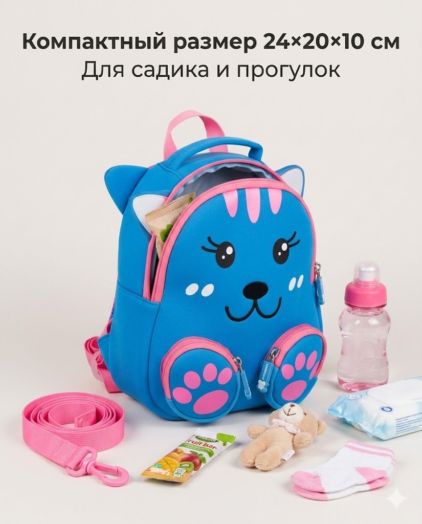 Изображение товара Детский рюкзак O GO Котик с поводком яркий и удобный для дошкольников