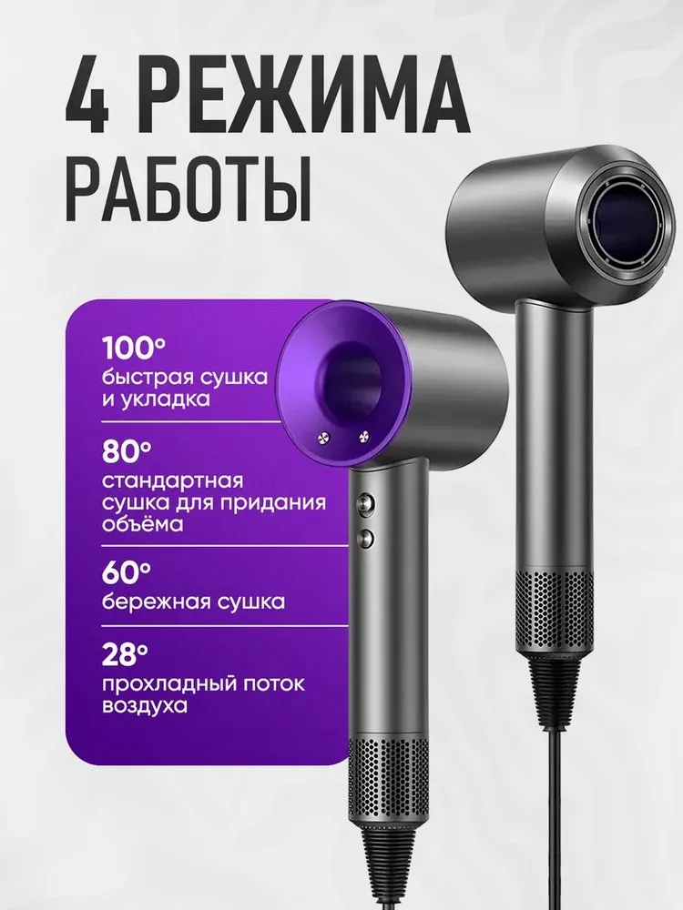 Фен с 5 магнитными насадками CASTLELADY с ионизацией 1600 BT шнур 1,8 метра фиолетовый - фото 2