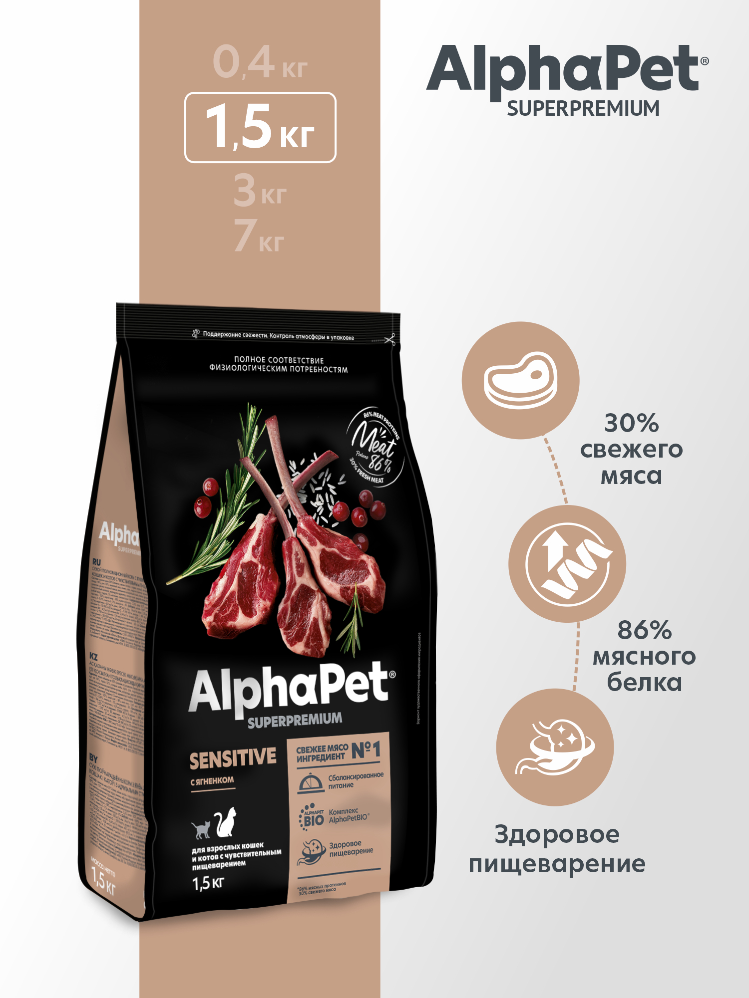 Сухой полнорационный корм AlphaPet с ягненком для взрослых кошек и котов с чувствительным пищеварением 1,5 кг - фото 1