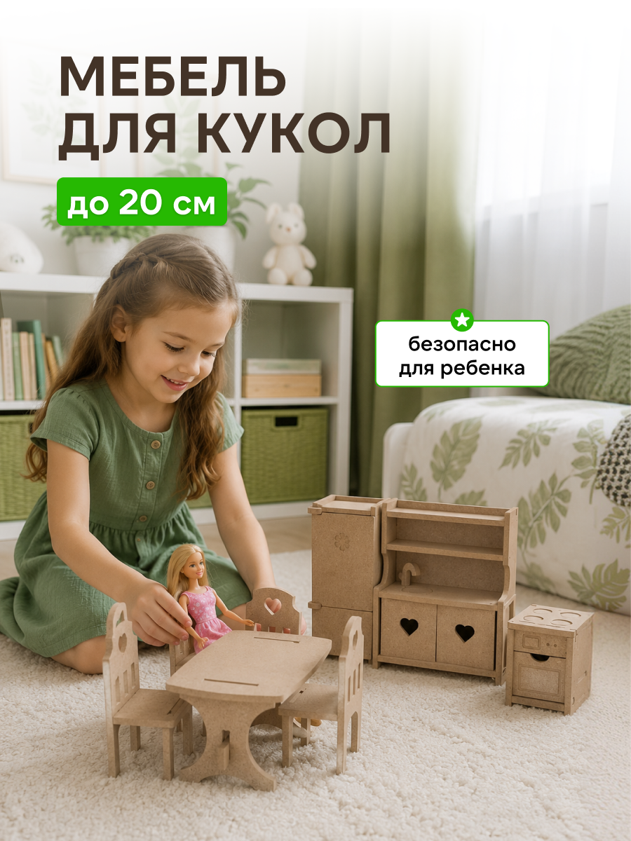 Аксессуар для кукол Pema kids комплект мебели, кукольная техника, кухня, стол, стул 476424 Набор мебели Кухня (без окрашивания) - фото 2