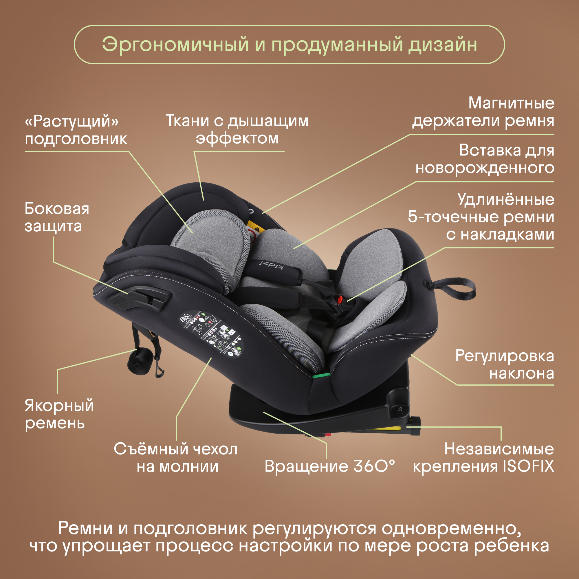 Автокресло Kidzi SPIN 360 i-SIZE Isofix 0+/1/2/3 (0-36 кг) серый - фото 4