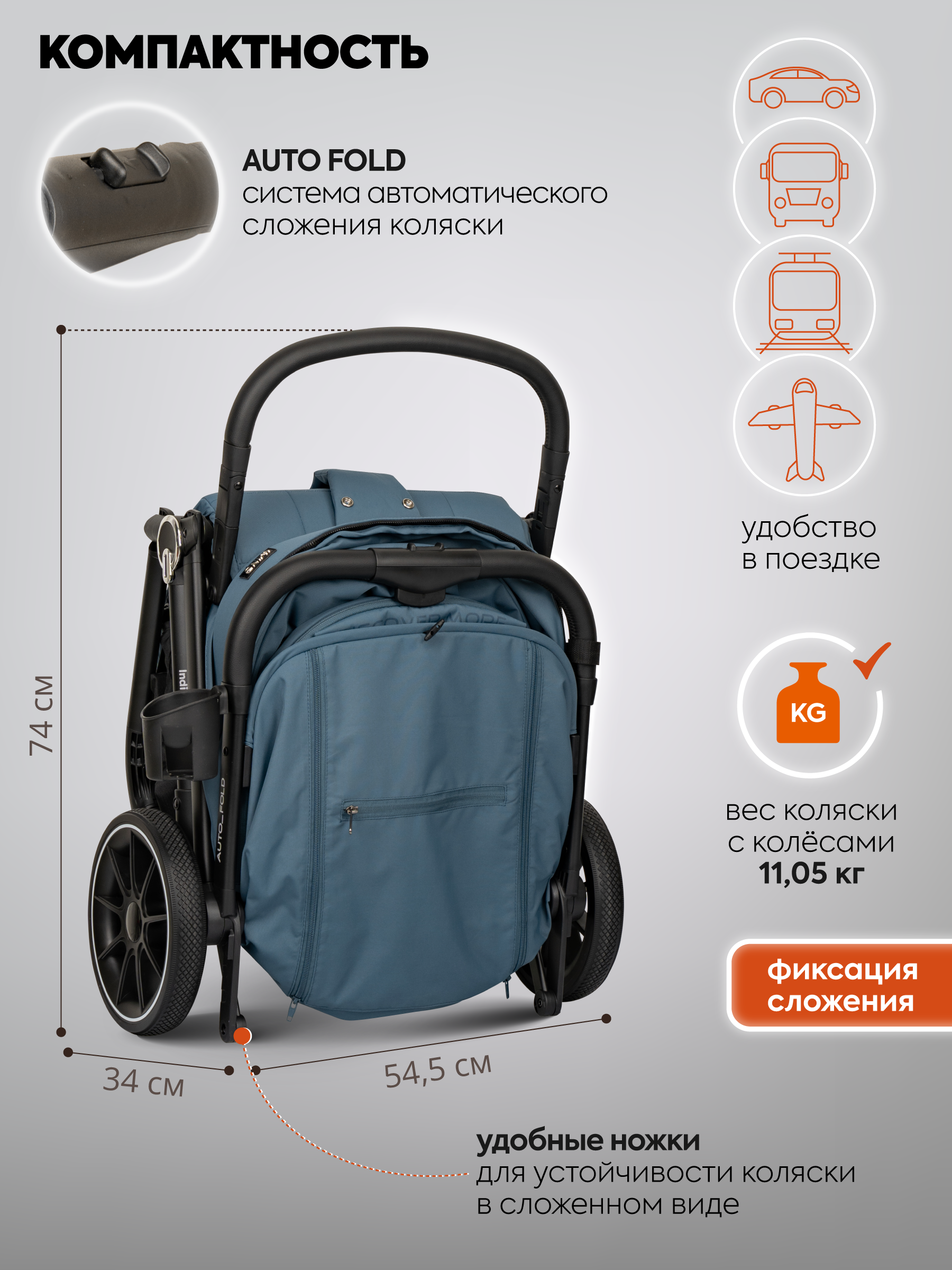 Коляска прогулочная Indigo Wind с автосложением, синий синий - фото 8