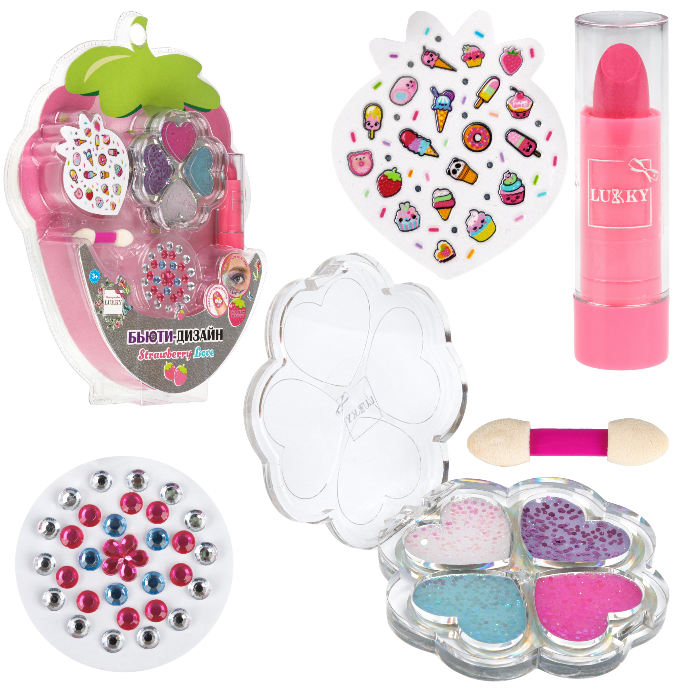 Изображение товара Набор декоративной косметики LUKKY тени с блёстками бальзам для губ стикеры для ногтей стразы для лица