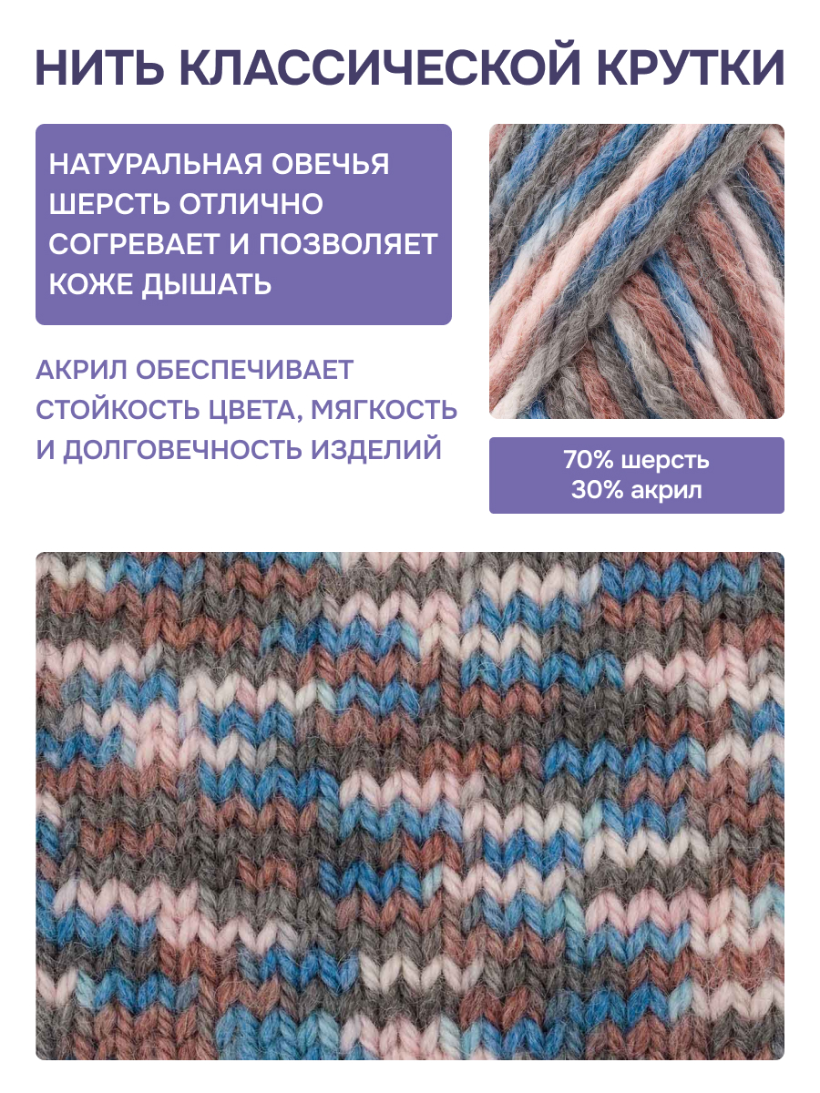 Пряжа для вязания Люблю Вязать Шерстяная секционная 100 г 125 м 3 шт - фото 2