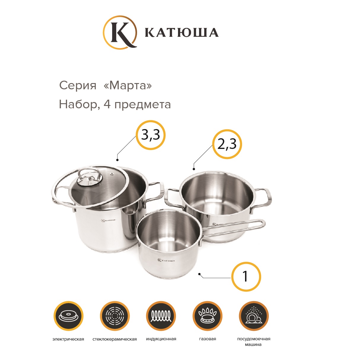 Набор кастрюль нерж. сталь Катюша 4 предмета кастрюли 2.3/3.3л ковш 1л стеклянная крышка 18 см - фото 2