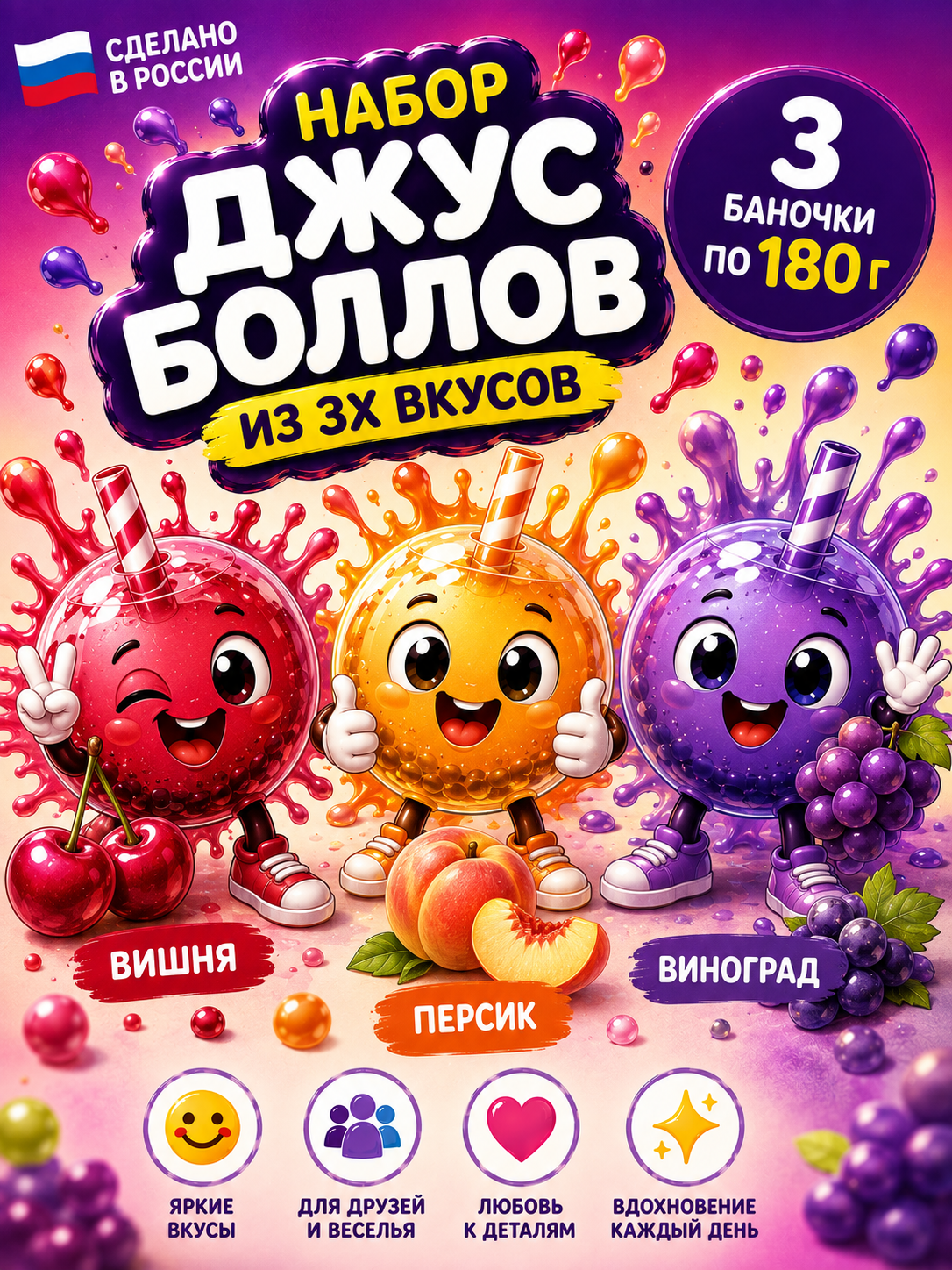 Набор Джус боллы шарики фруктовые BUBBLE BOSS со вкусом Яблока Клубники Черники - фото 2
