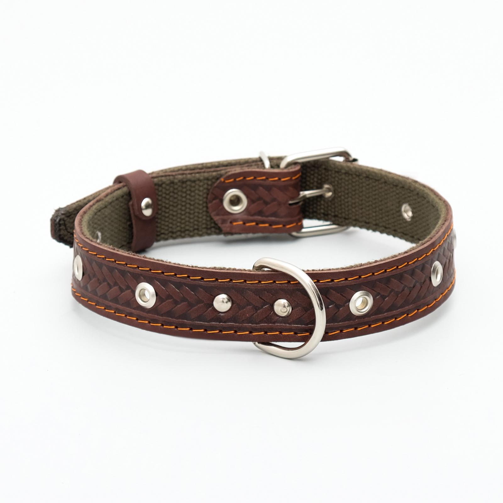 Ошейник Пижон комбинированный безразмерный кожа/брезент 60х3 см ОШ 30-57 см коричневый/зелёный - фото 1