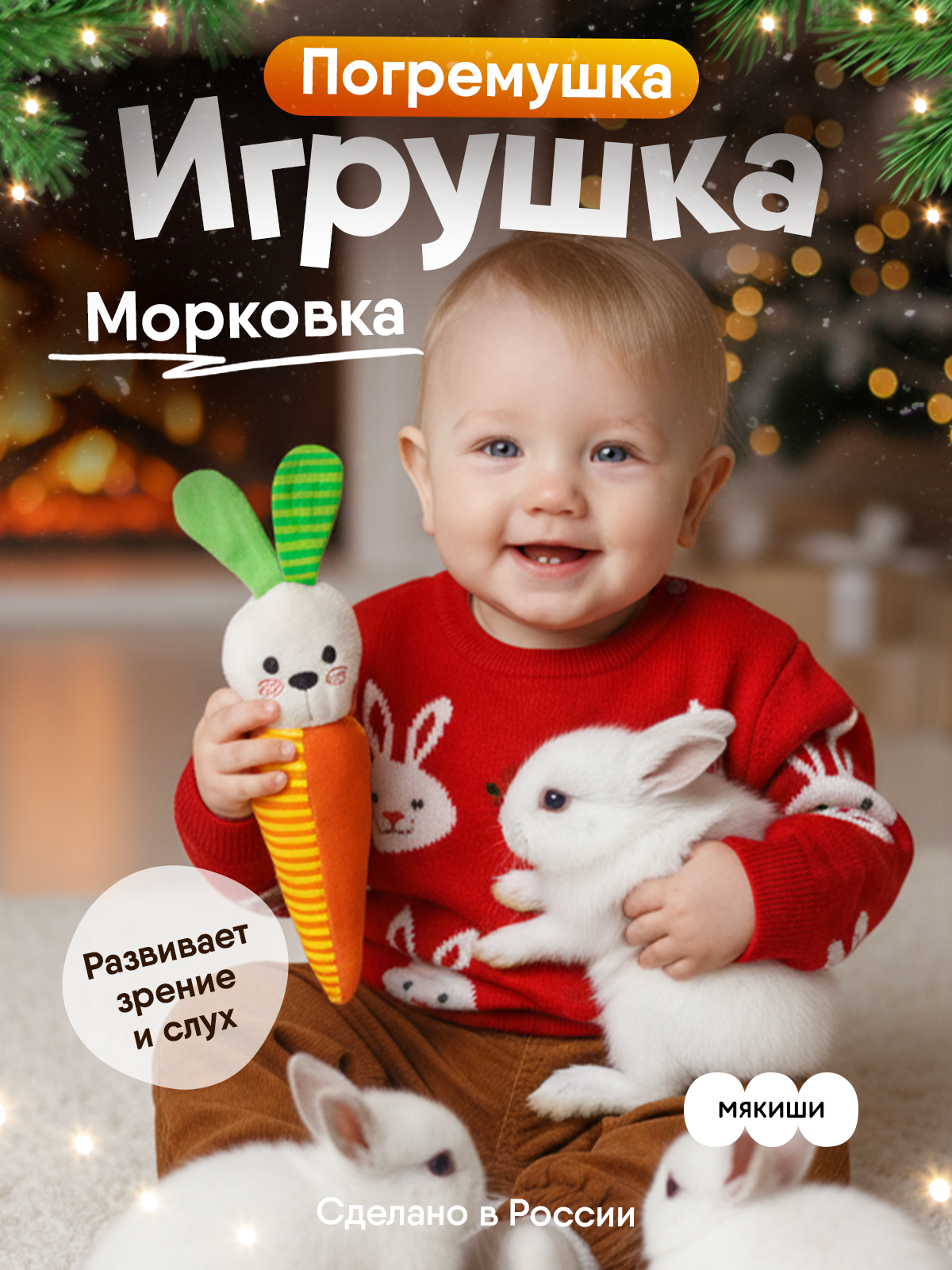 Игрушка Мякиши погремушка Зайка Морковка - фото 16