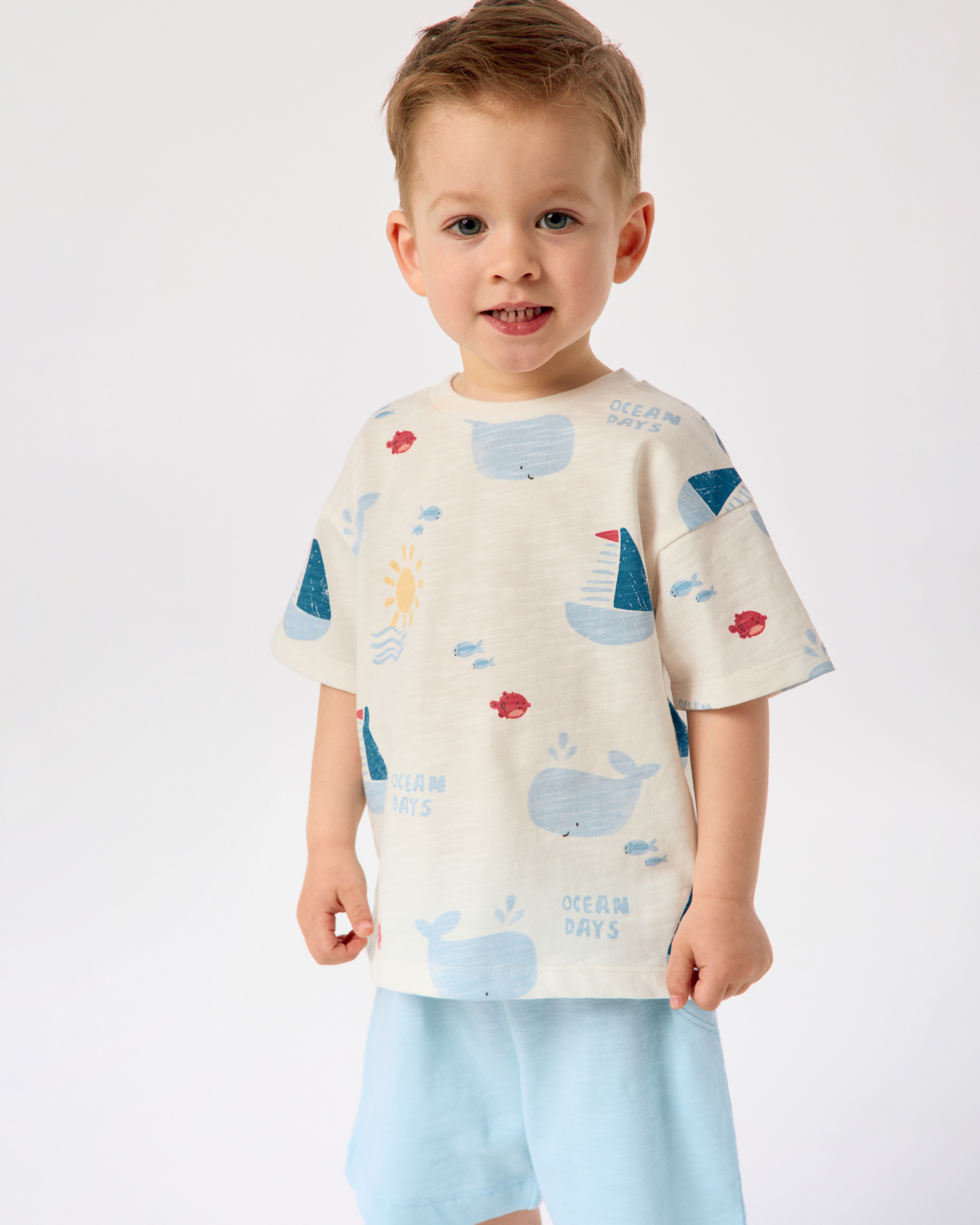 Изображение товара Комплект Моя Горошинка Лето: голубые шорты и белая футболка