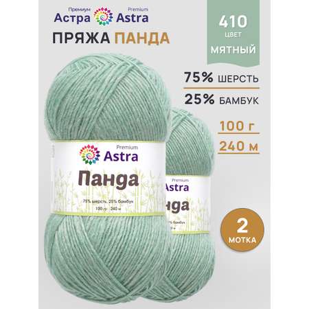 Пряжа Astra Premium Панда Panda шерсть бамбук 100 г 240 м 410 мятный 2 мотка