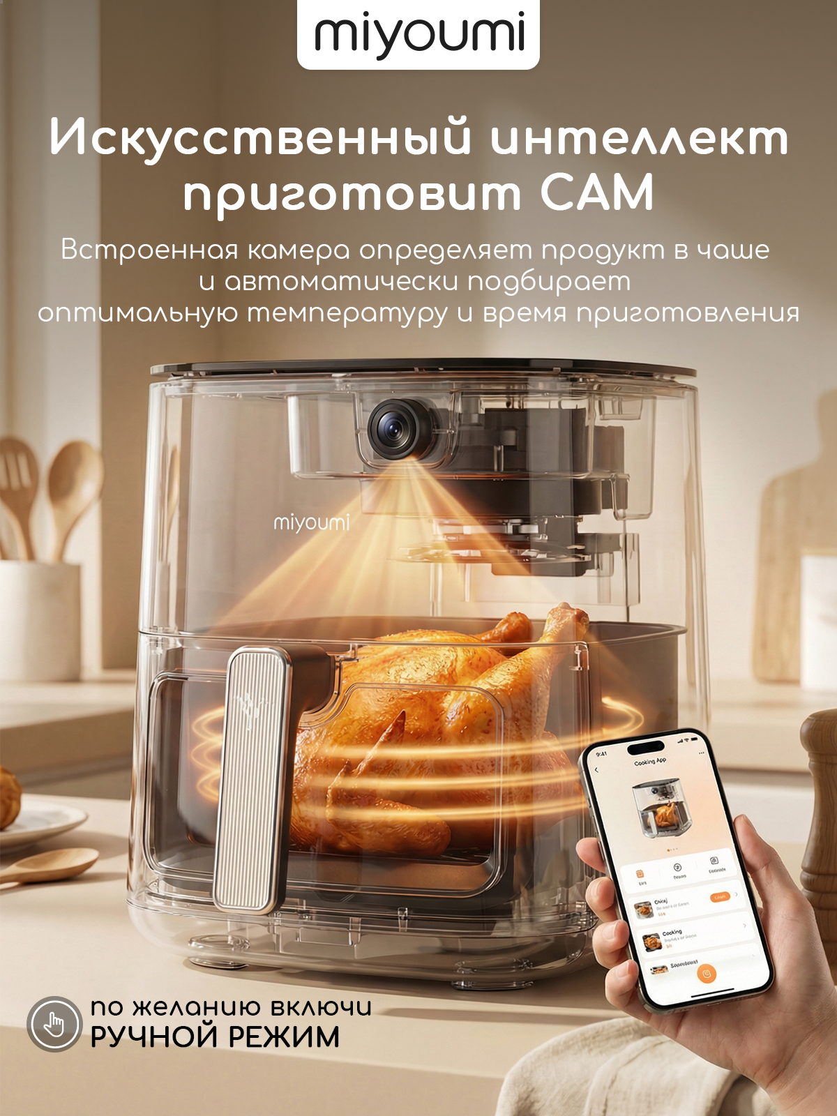Аэрогриль электрический Miyoumi 5 л с функциями ИИ и Wi-Fi управлением - фото 4