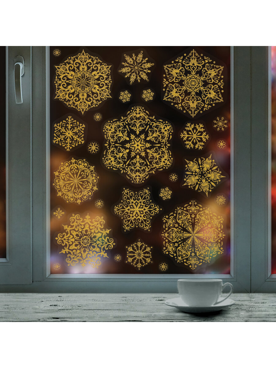 Новогодние наклейки Золотая сказка на окна и стекла многоразовые Снежинки 4 листа 30x38 см - фото 9