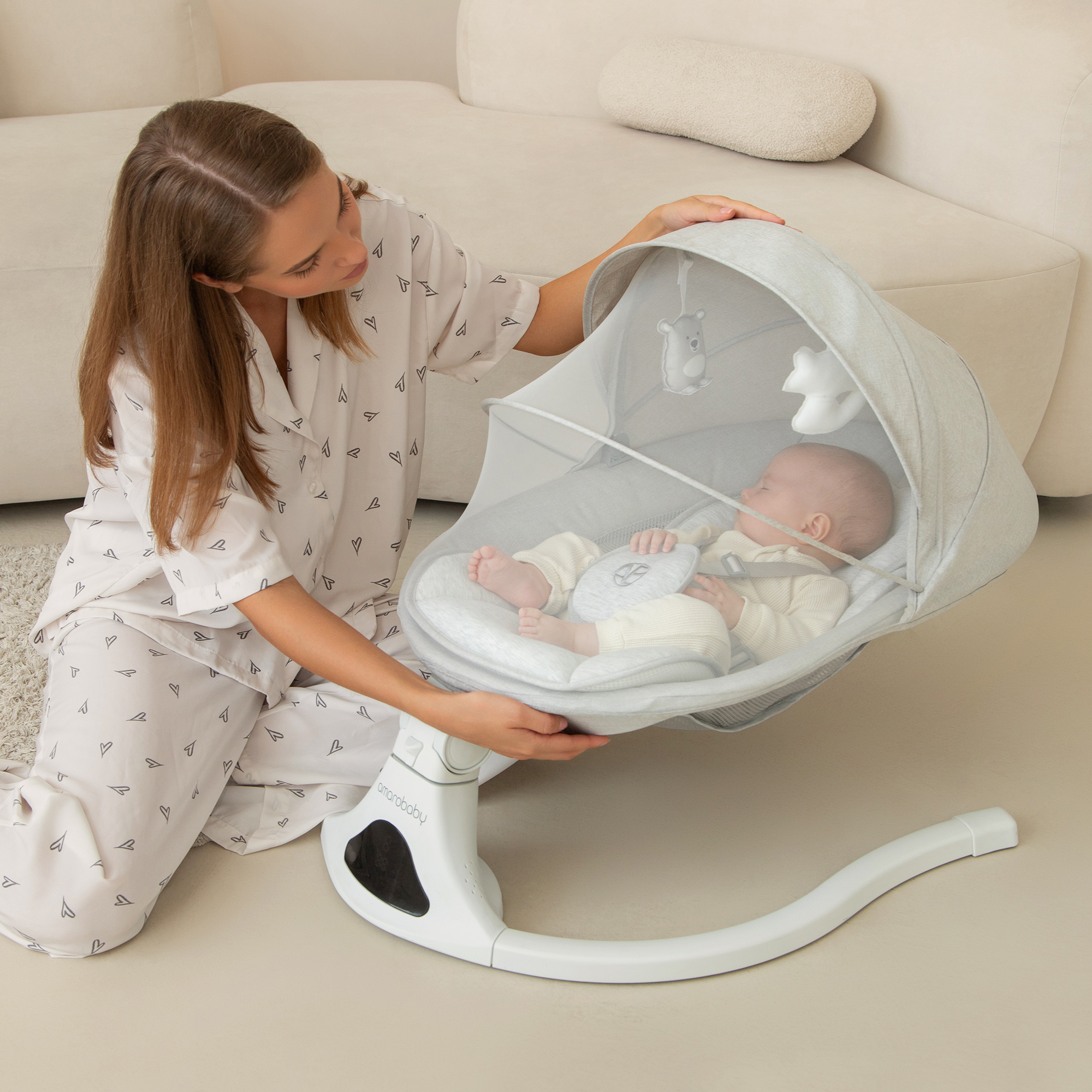 Электронные качели детские Amarobaby Funny swing, бежевый - фото 31