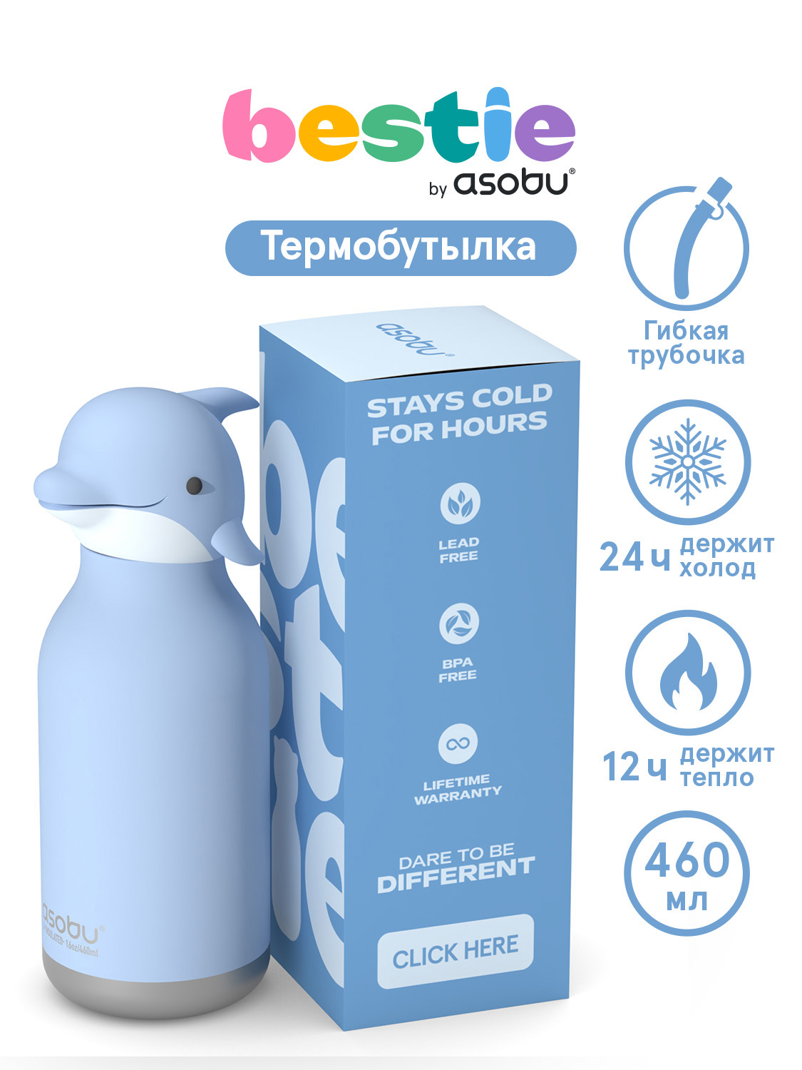 Термобутылка для воды с трубочкой ASOBU Bestie Дельфин 460 мл - фото 1