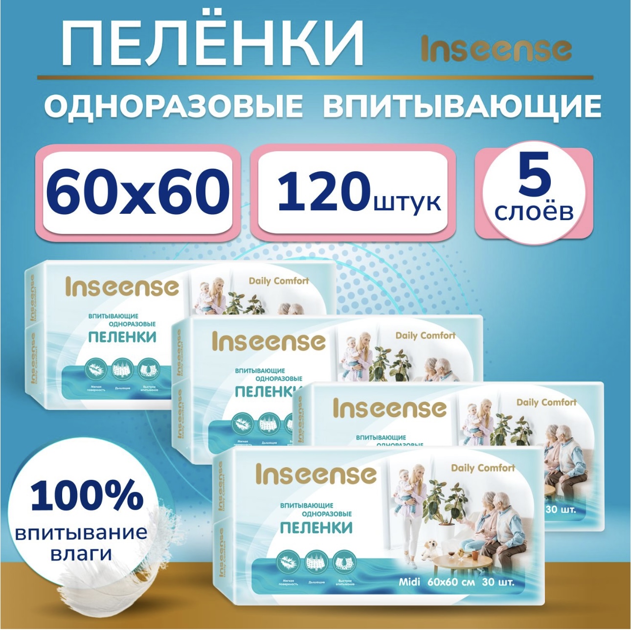 Пелёнки одноразовые INSEENSE 60х60 см 4 упак. 30 шт. - фото 1