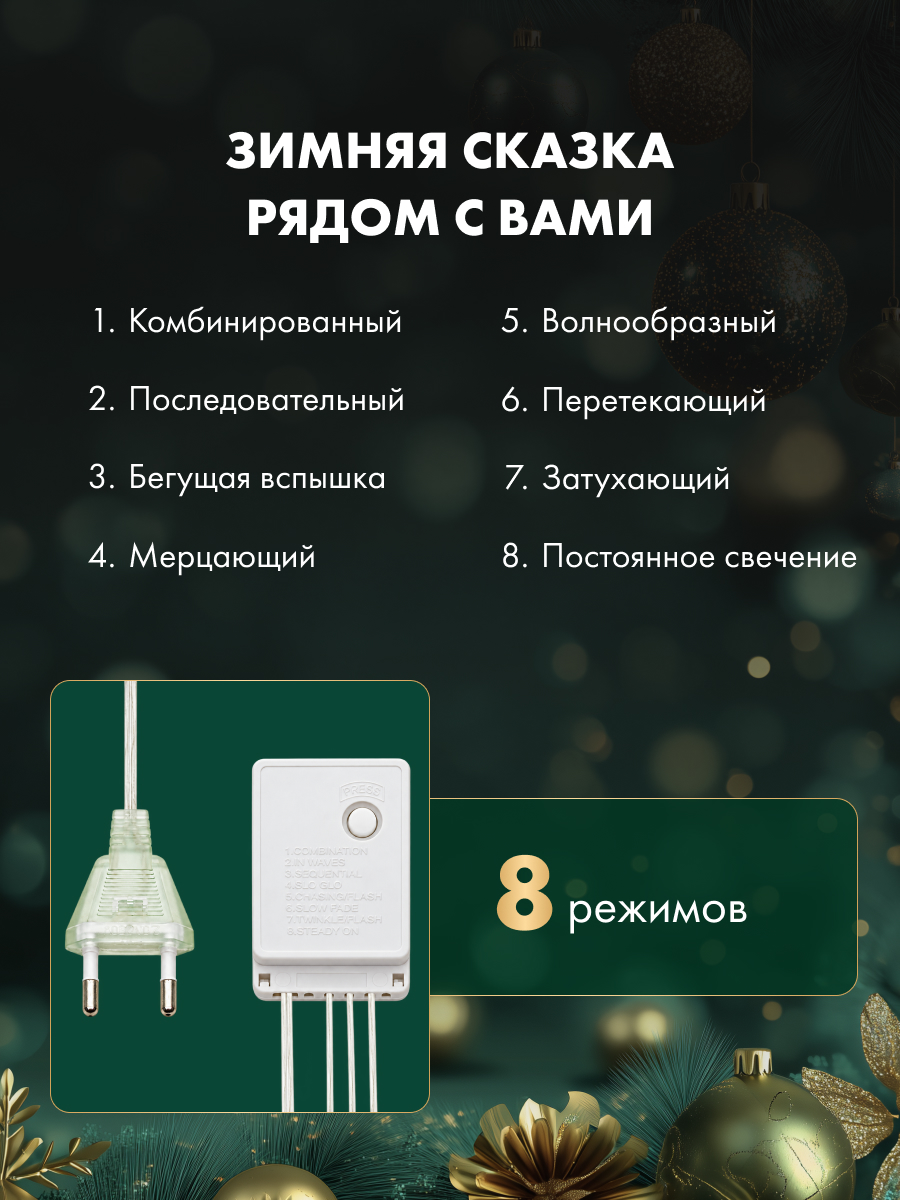 Светодиодная гирлянда NEON-NIGHT Бахрома 1.8х0.5 м 8 режимов белое свечение 255-015 - фото 6