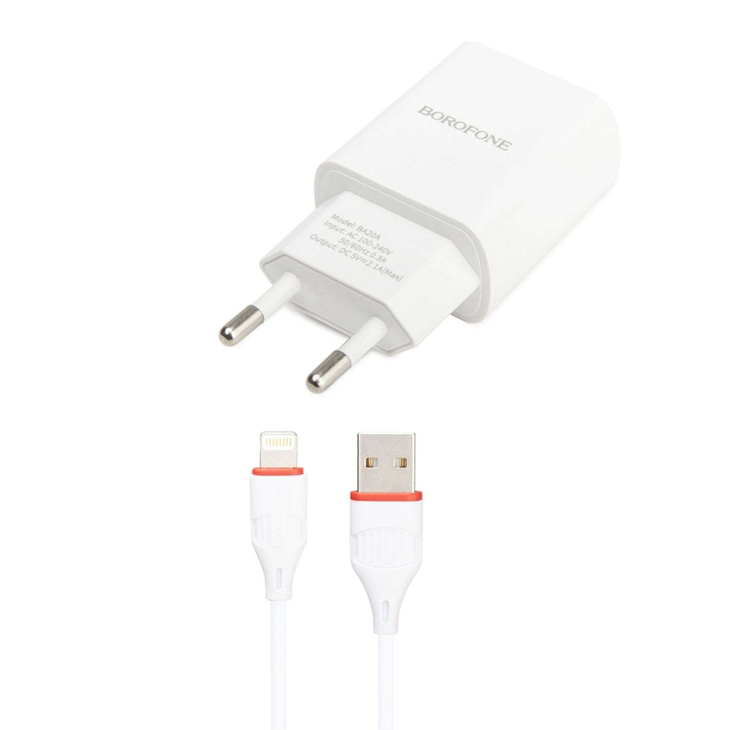 Сетевое зарядное устройство Borofone кабель Lightning 8-pin 1м Белый - фото 1