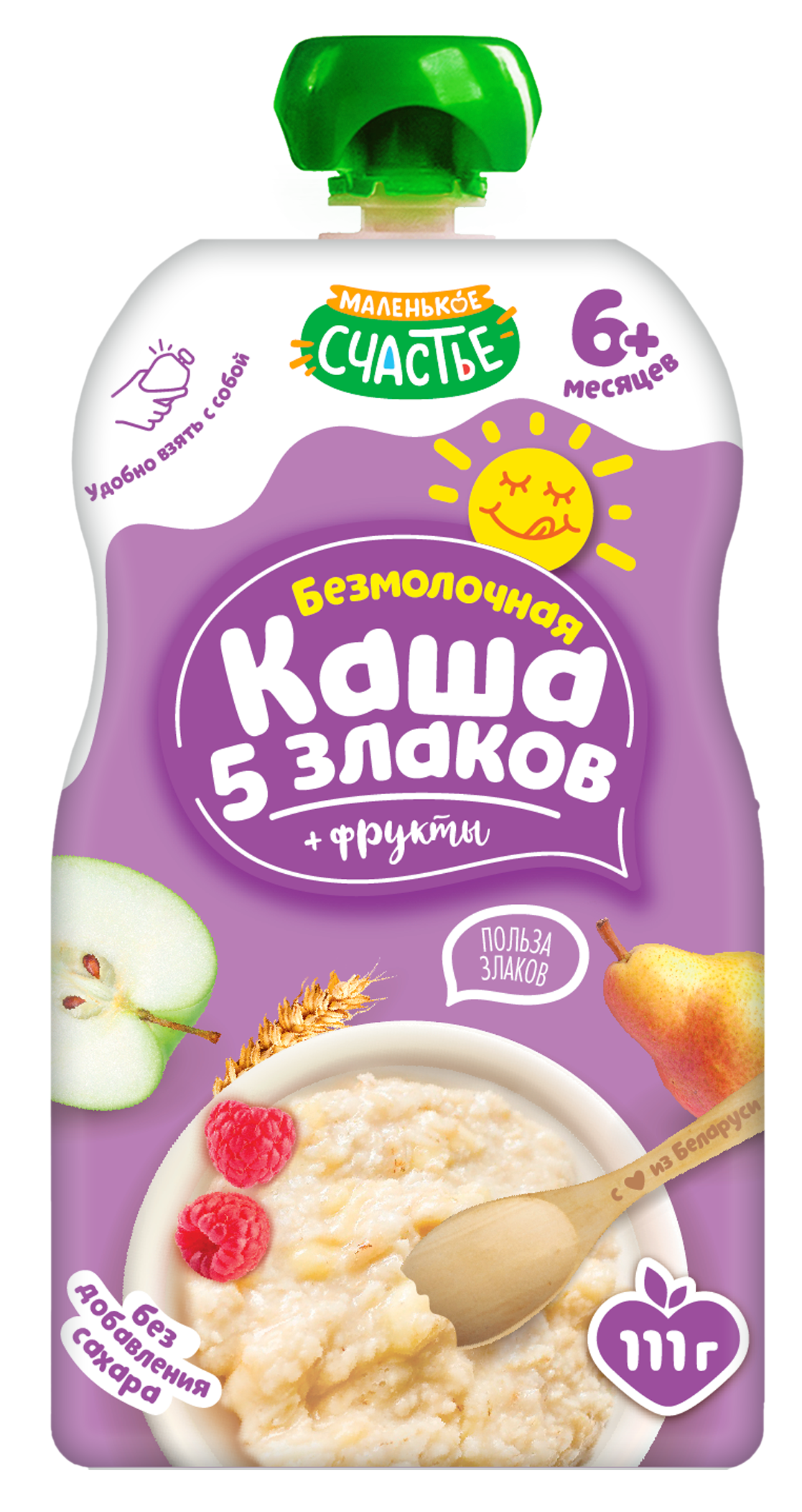 Каша безмолочная Маленькое счастье 5 злаков и фрукты 111г с 6 месяцев - фото 1