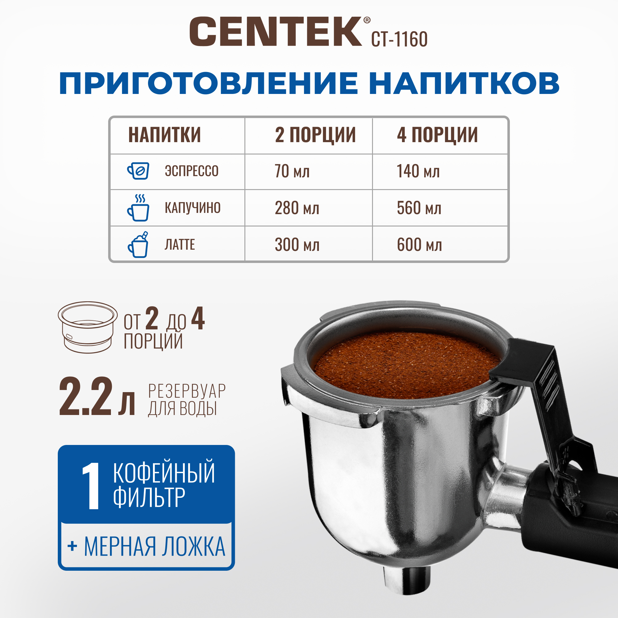 Кофеварка CENTEK CT-1160 черный сталь Эспрессо капучинатор 800Вт 240мл. 3.5 Бар - фото 3