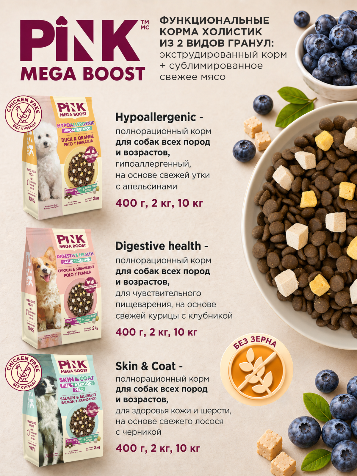 Сухой корм для собак PINK MEGA BOOST Здоровая кожа и шерсть Лосось с черникой с сублимированным мясом 10кг - фото 6